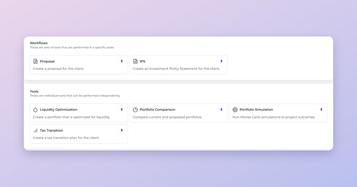 Investipal client Actions view with Proposal and IPS workflows plus liquidity, comparison, simulation, and tax transition tools