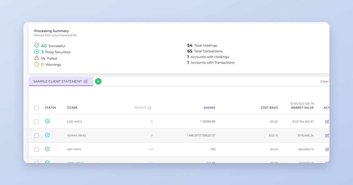 Investipal statement scanning output with processing summary and parsed holdings ready for review