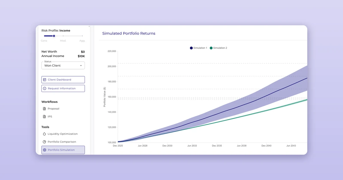 Investipal portfolio risk analysis showing scenario outcomes, drawdown, and risk metrics for a client portfolio under stressed market conditions