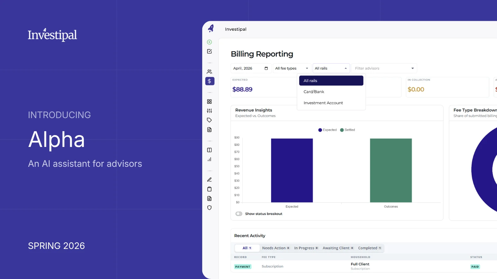 Spring 2026 Investipal product update showing Alpha and billing reporting