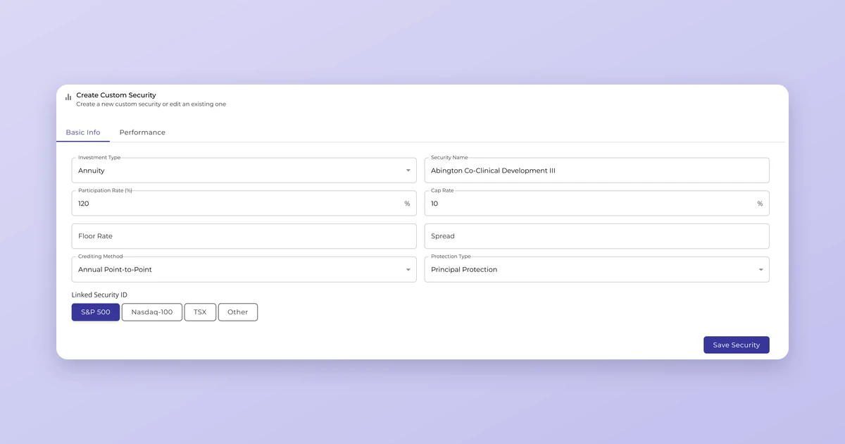 Investipal Custom Security Builder for alternative investments showing annuity configuration with participation rate, floor rate, crediting method, and protection type