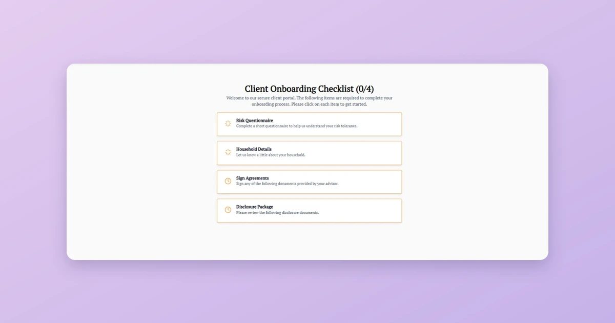 Investipal's client-facing onboarding portal showing checklist with risk questionnaire, household details, agreements, and disclosure steps with security badges