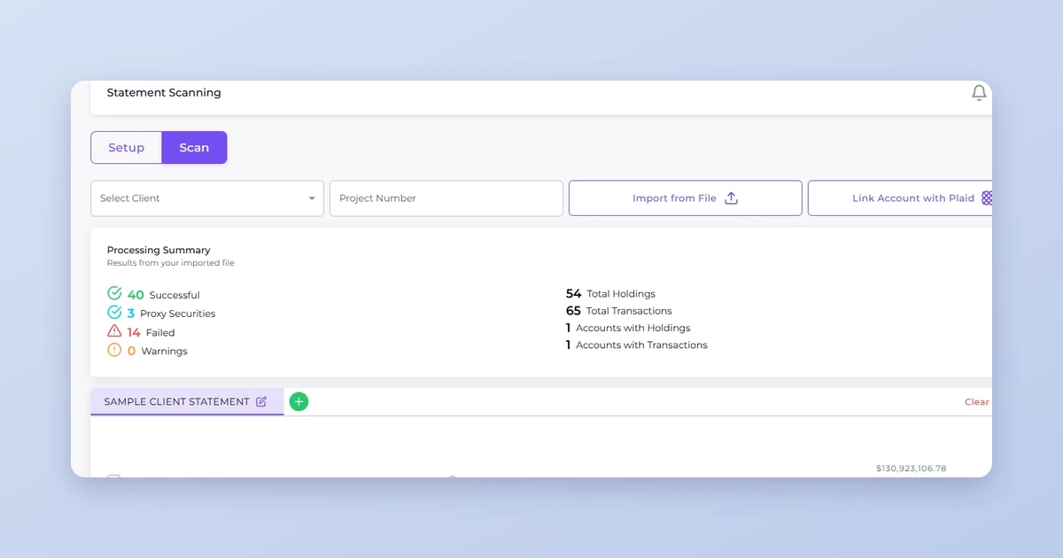 Investipal's statement scanner showing processing summary with 40 successful scans, detailed holdings table with tickers, shares, cost basis, and market value