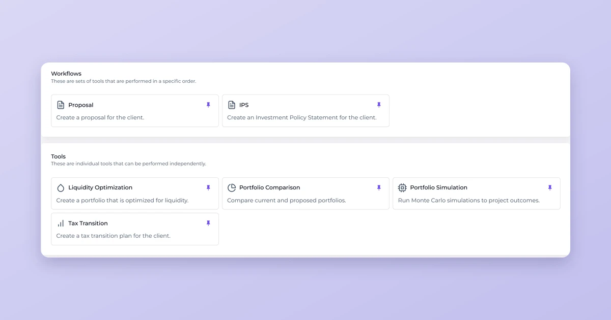 Investipal client Actions view with Proposal and IPS workflows plus standalone comparison, simulation, and tax transition tools