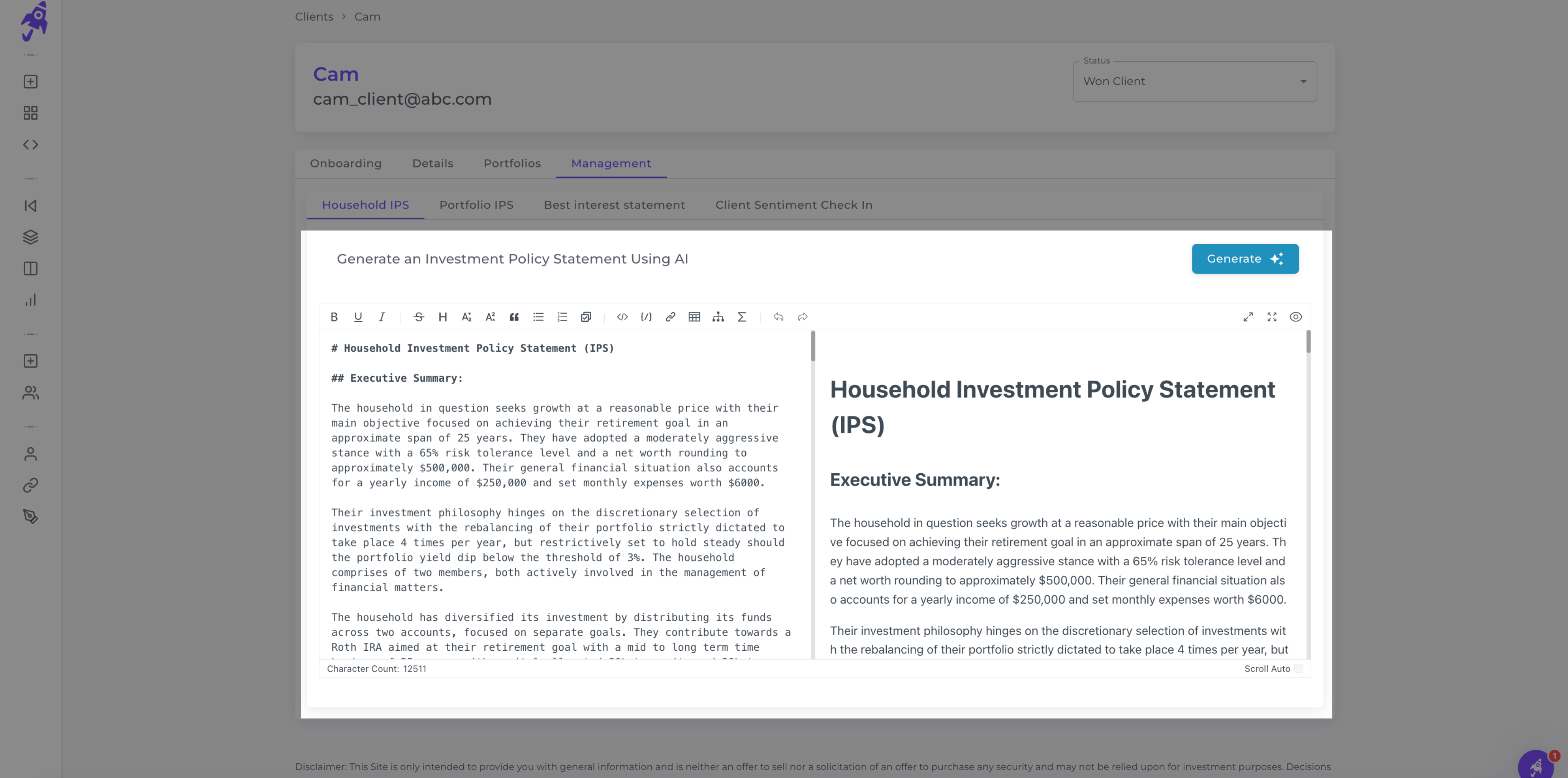 Investment Policy Statement Generator dashboard showing automated compliance documentation