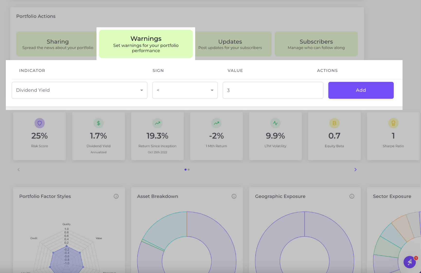 Investment Policy Statement dashboard showing portfolio allocation and monitoring features