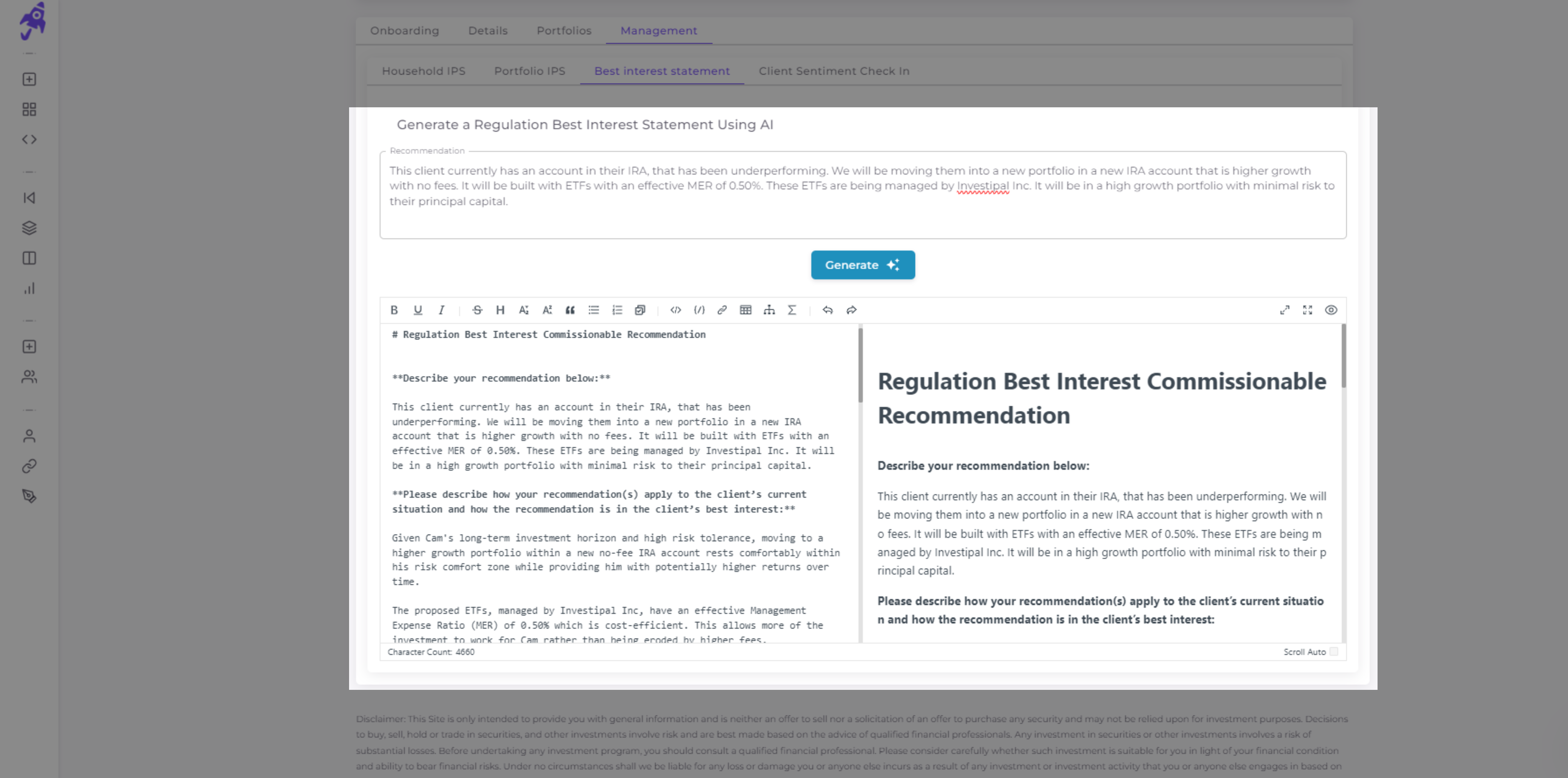 Regulation Best Interest Generator dashboard showing compliance workflow and documentation generation
