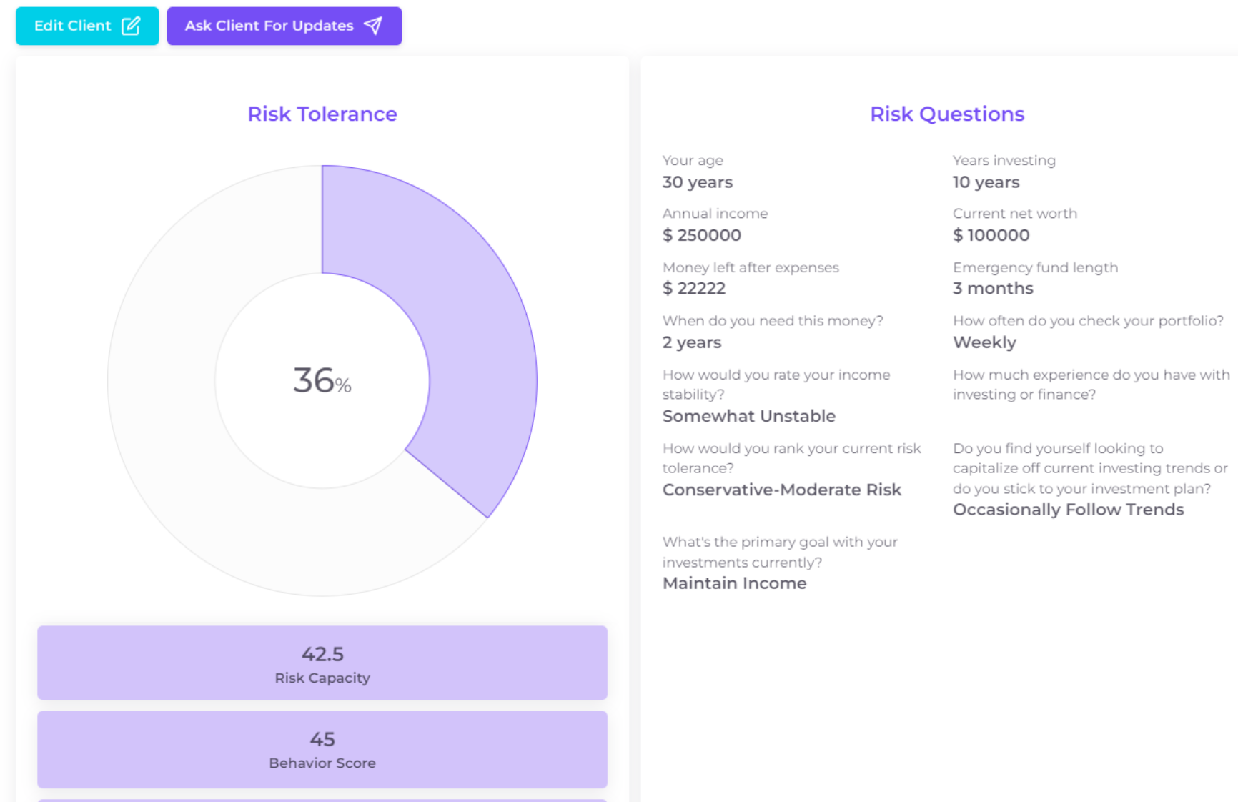 Regulation Best Interest compliance dashboard showing risk profile and client assessment tools