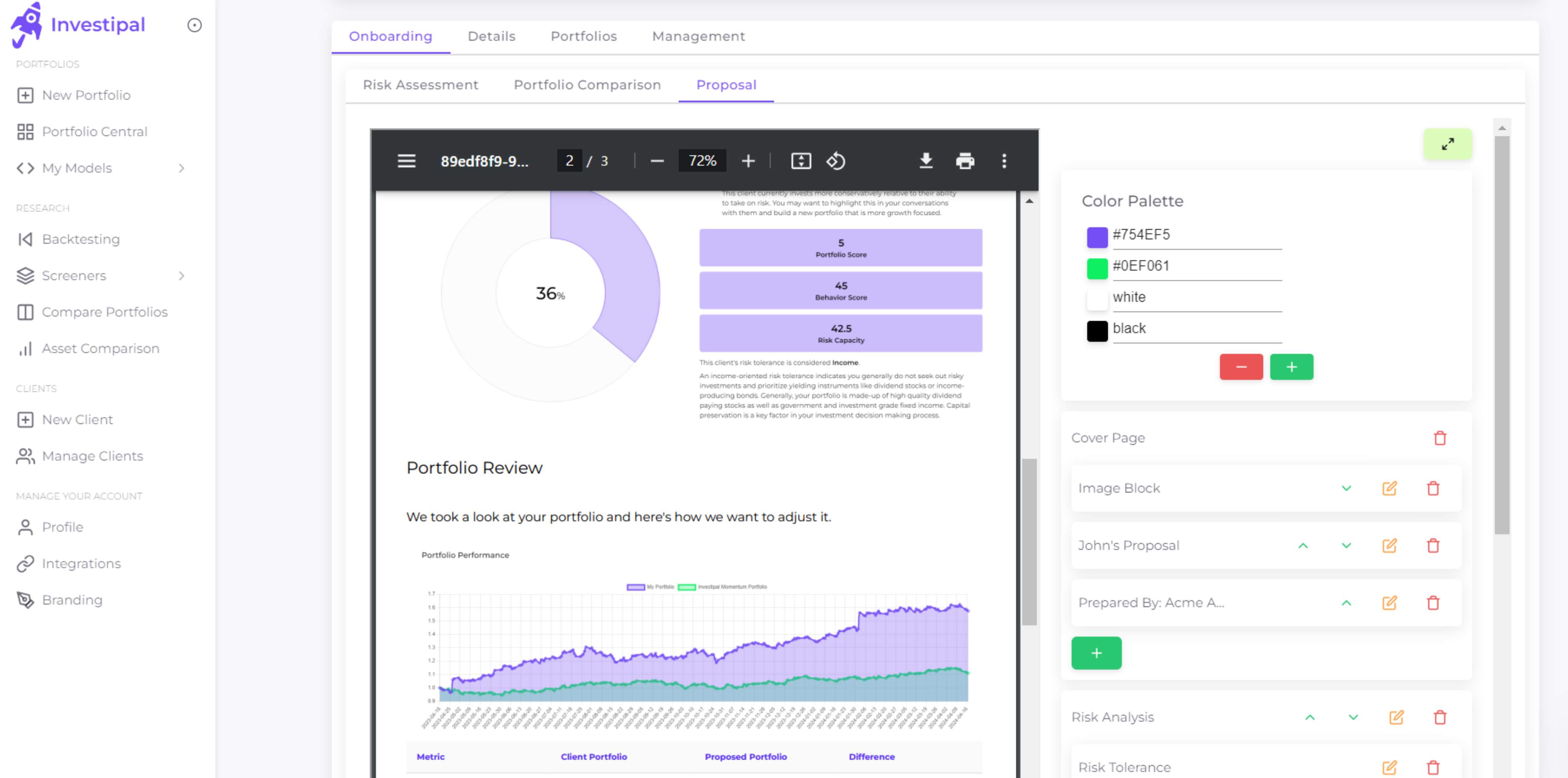 MacBook mockup showing investment proposal generator interface