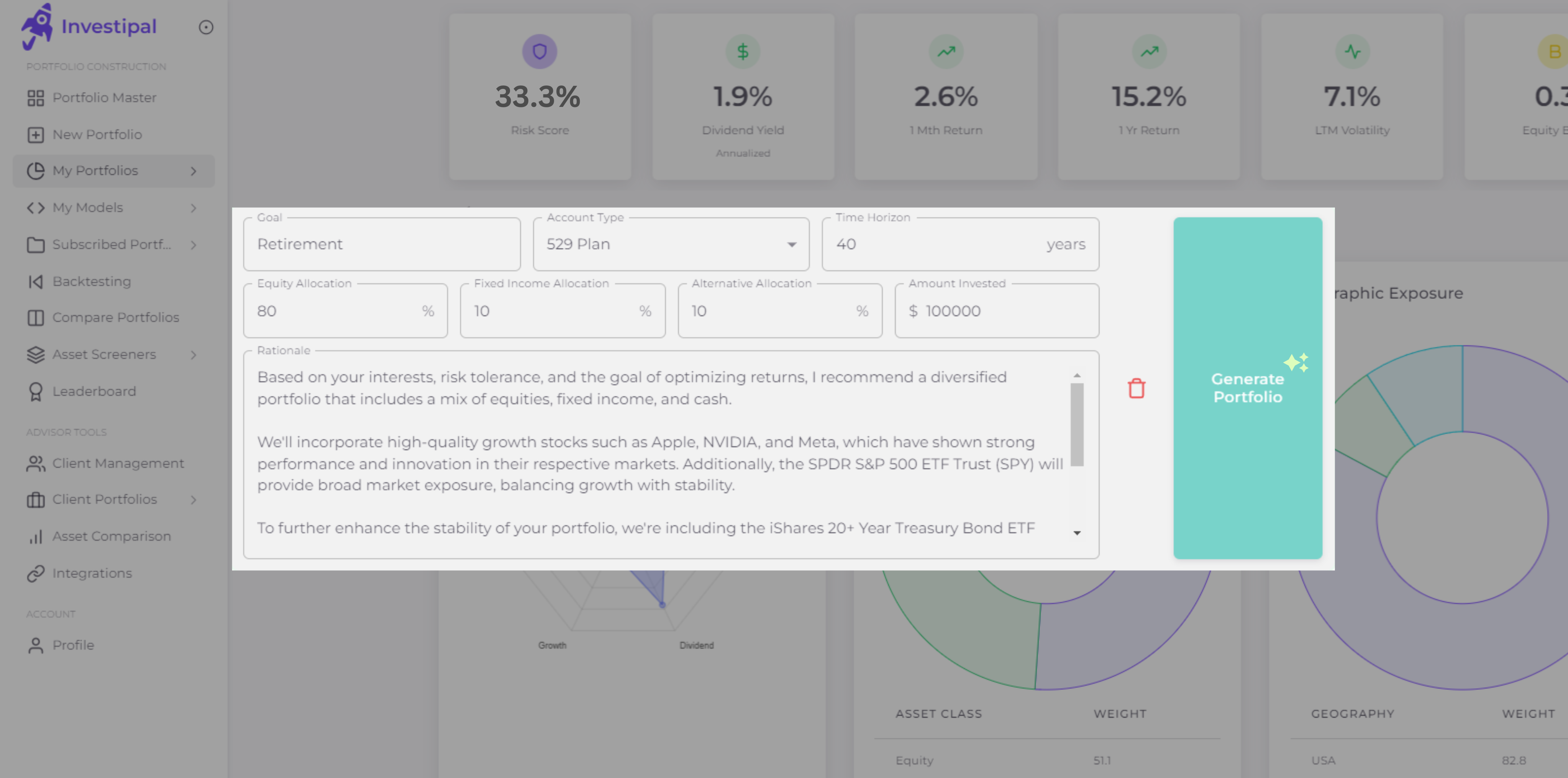 AI-powered asset allocation dashboard showing portfolio creation interface