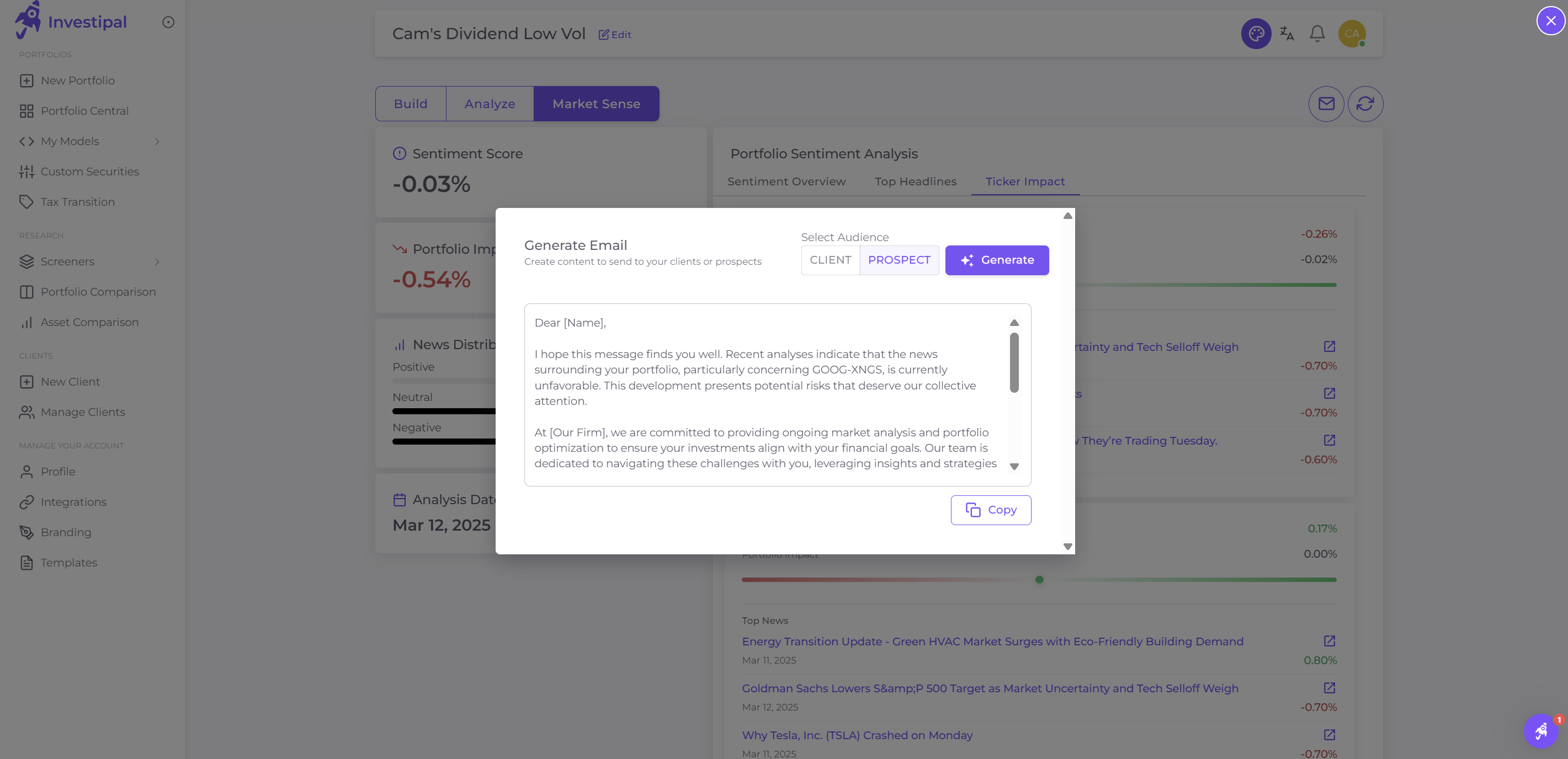 AI-driven engagement graph showing investment performance metrics for effective client engagement