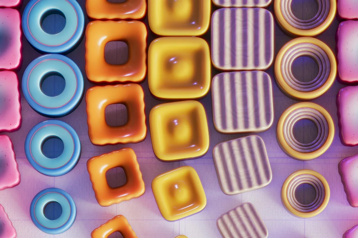 Vibrant 3D render of colorful geometric shapes in a pattern.