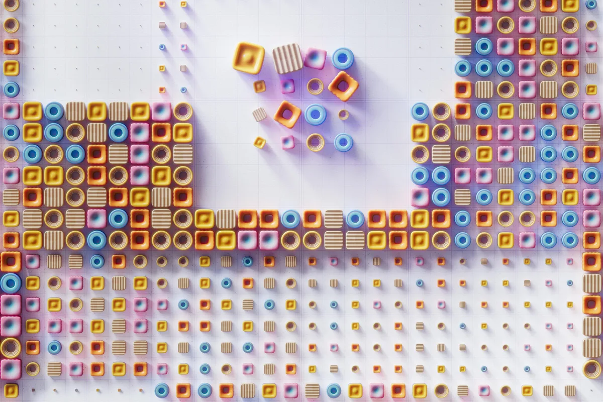 Vibrant 3D render of a geometric abstract pattern with colorful cubes and cylinders.