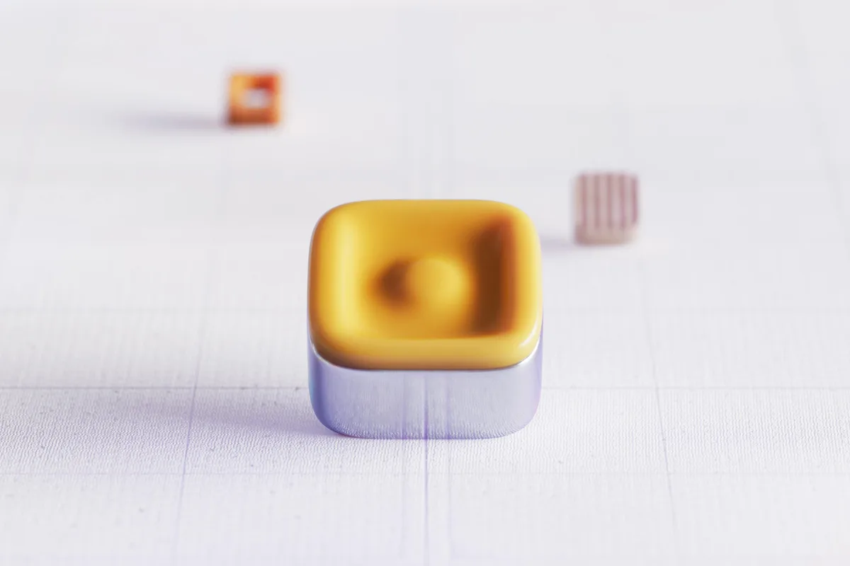 Abstract geometric object with yellow top on a minimalist grid background.