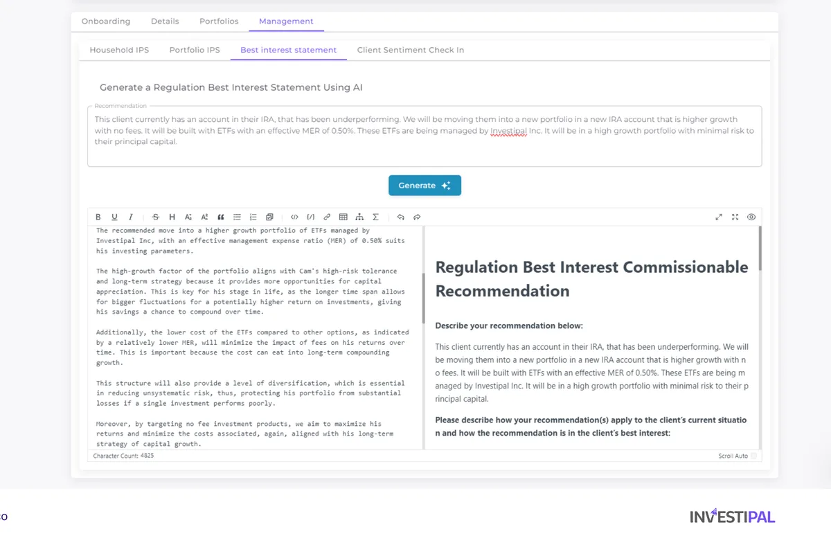 A screenshot of Investipal's AI Regulation Best Interest generator software