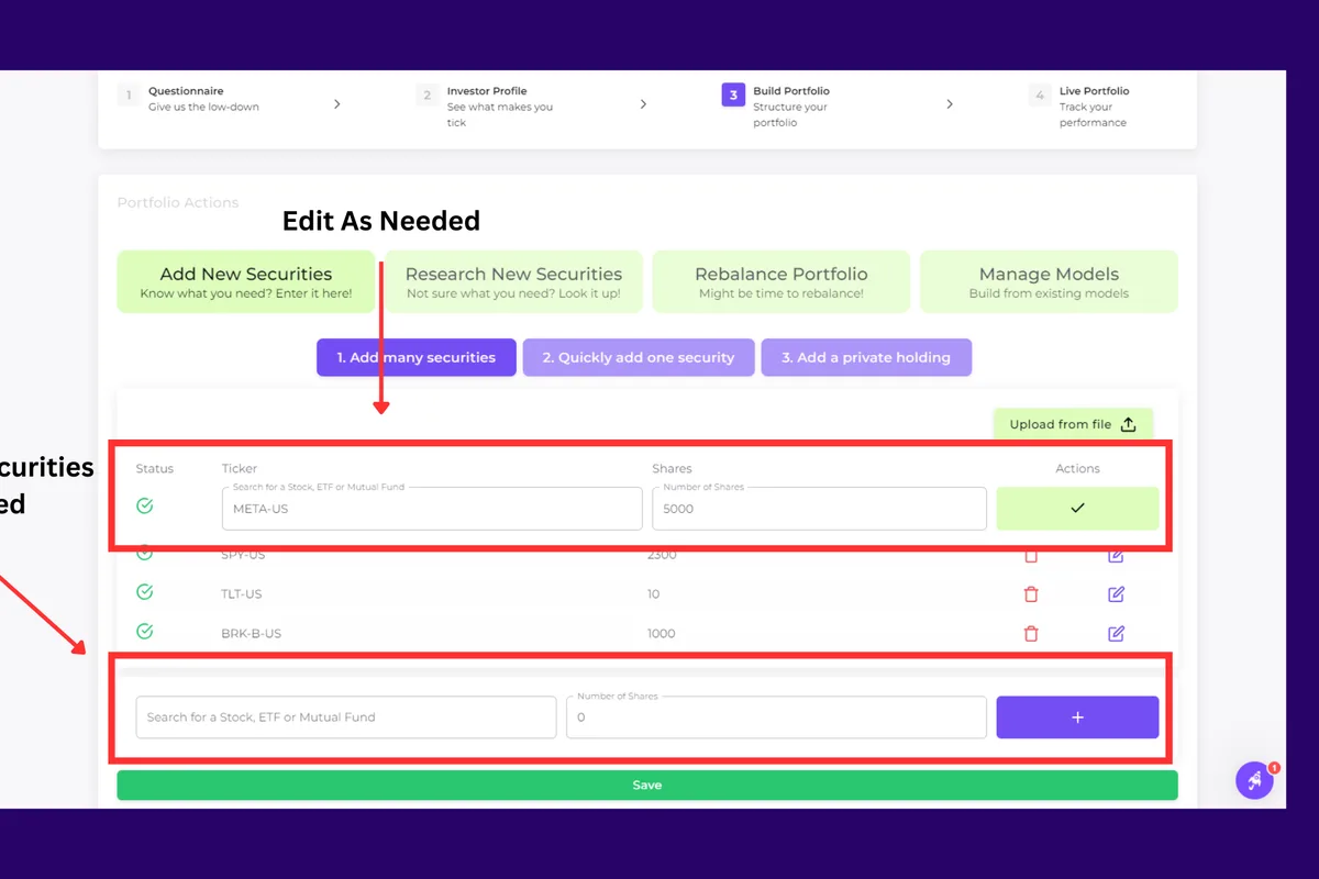 Edit the extracted data or search for new securities directly within Investipal