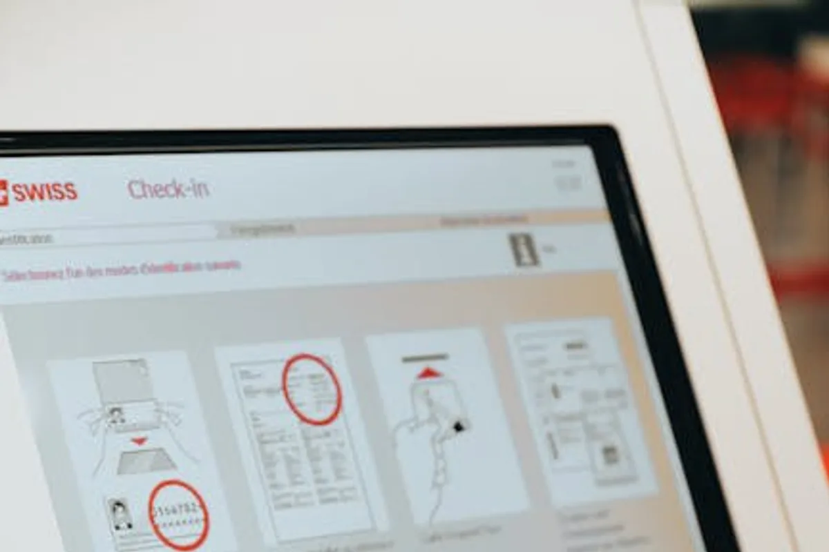Hand interacting with airport self-service kiosk for check-in.