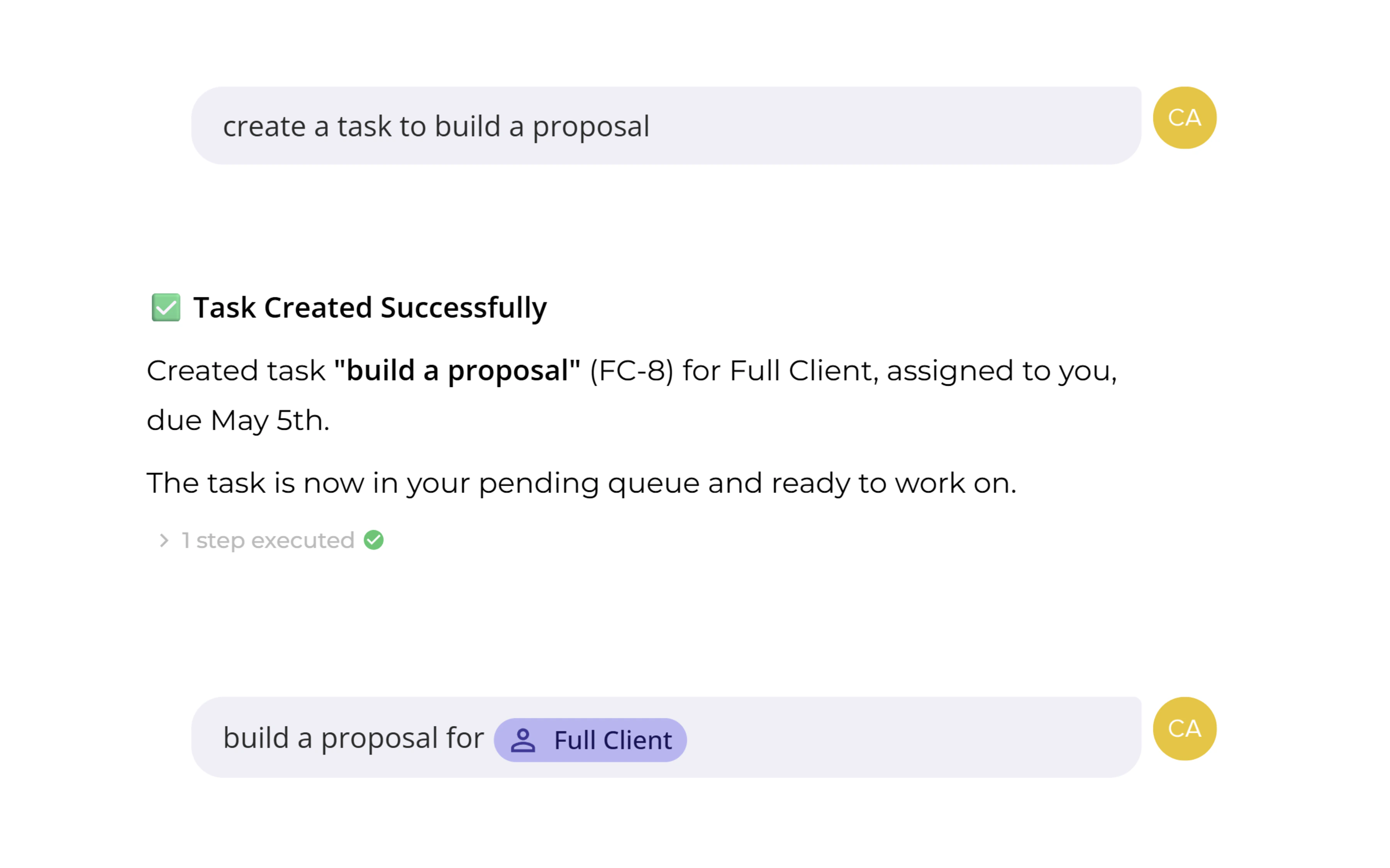Alpha turning an advisor prompt into a client task for proposal work