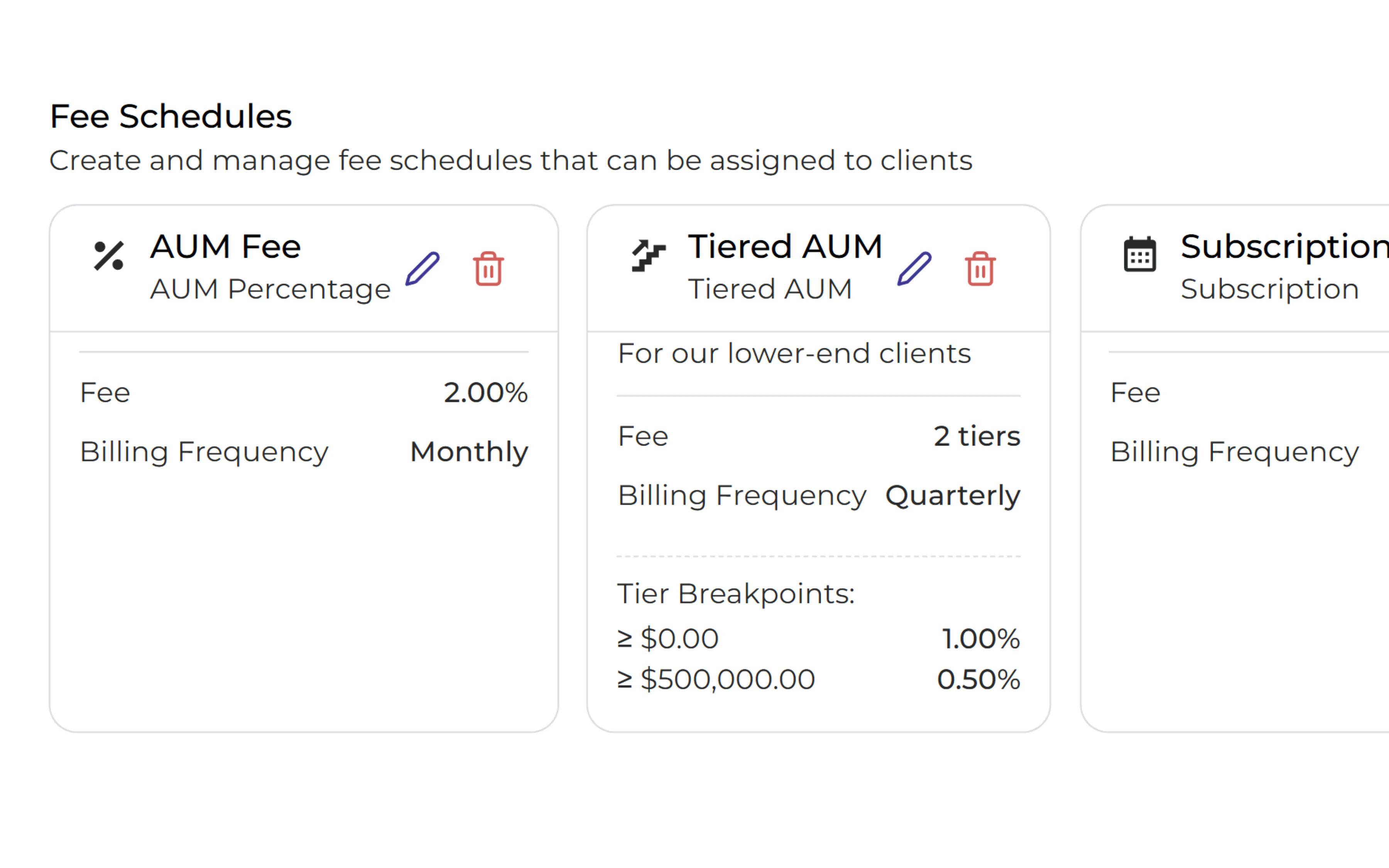 Fee schedule configuration for AUM flat and tiered fees with ACH and card collection options