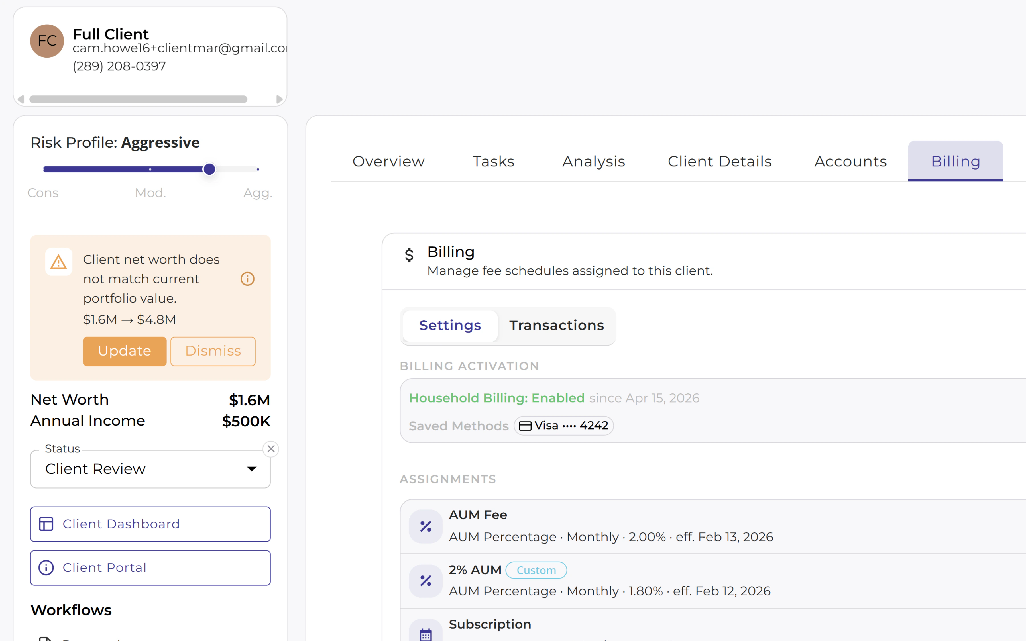 Client billing setup with active fee schedules and payment methods