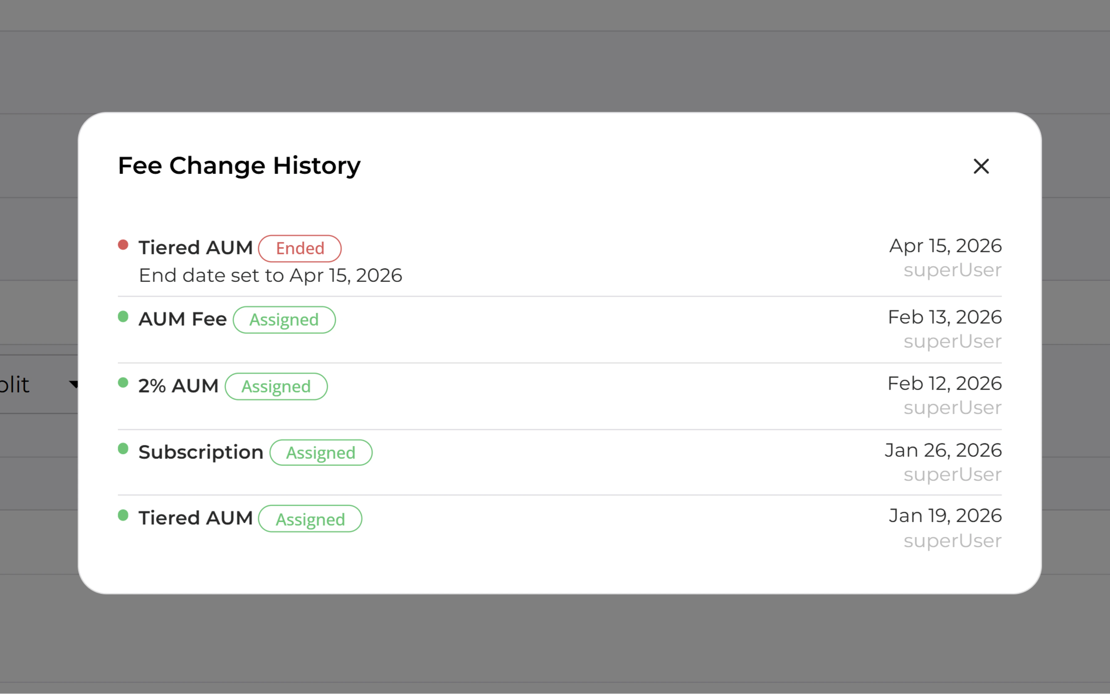 Client billing history showing assigned and ended fee schedules with effective dates