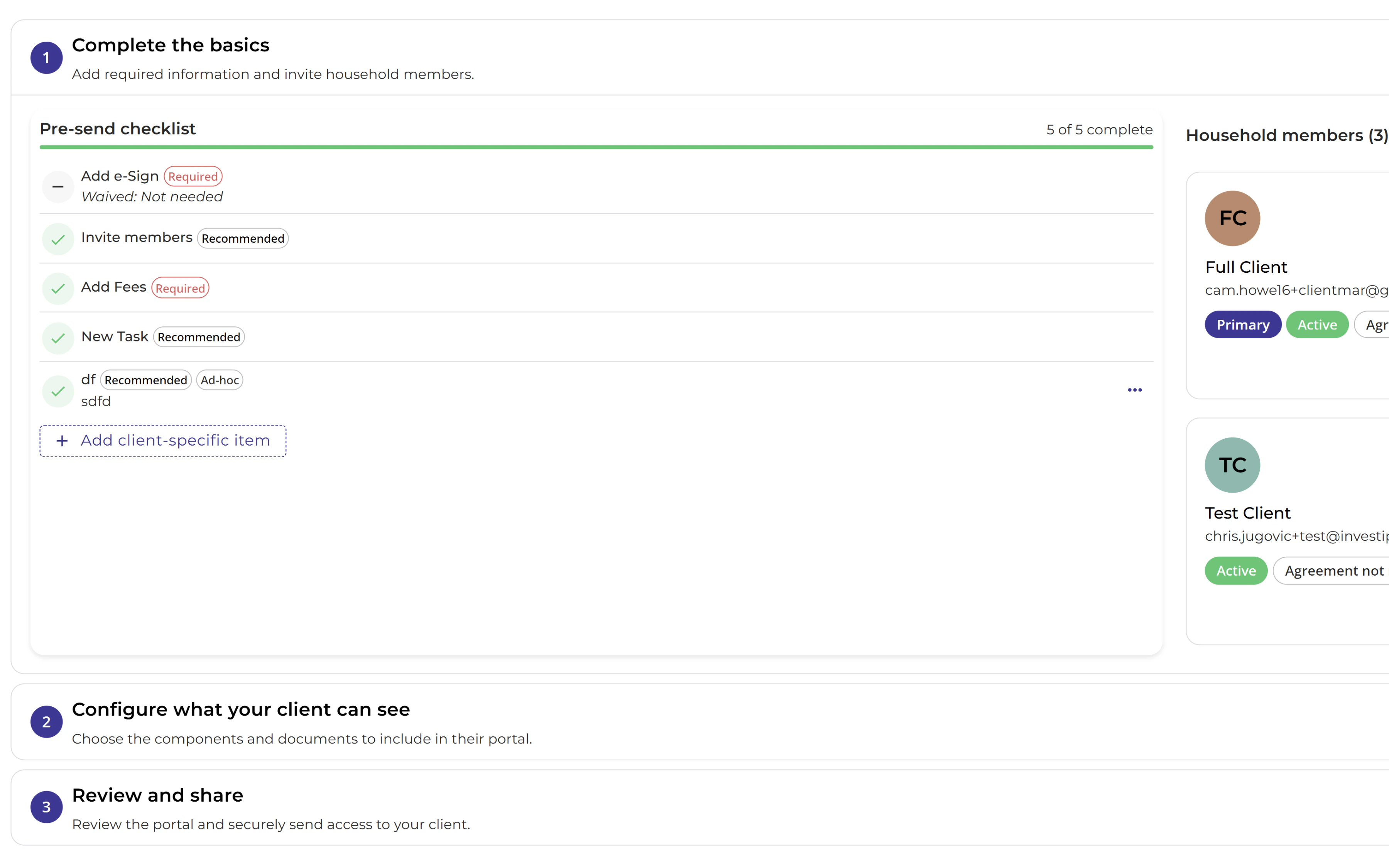 Advisor onboarding checklist with household members, required items, and configurable client tasks