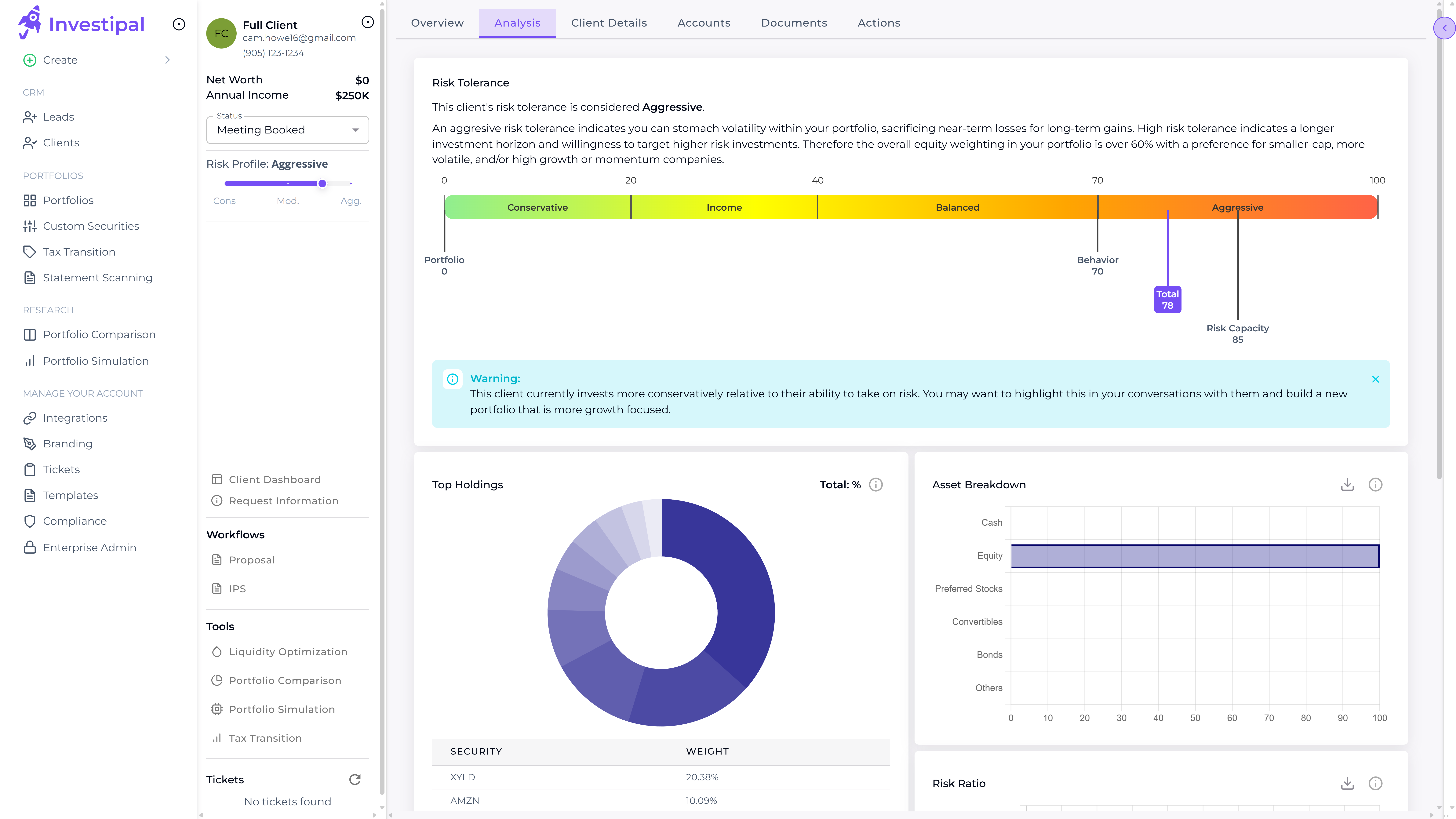 Investipal risk tolerance analysis showing client risk profile and portfolio alignment