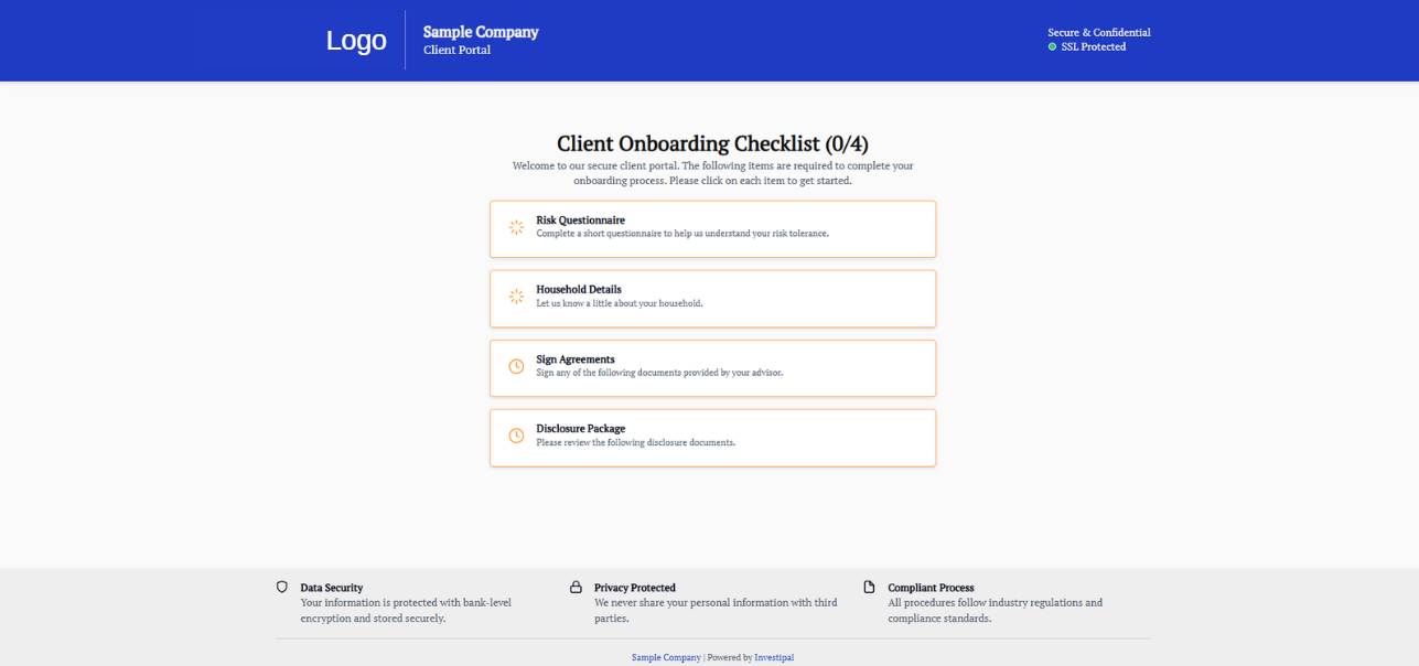 Investipal's client-facing onboarding portal showing checklist with risk questionnaire, household details, agreements, and disclosure steps with security badges