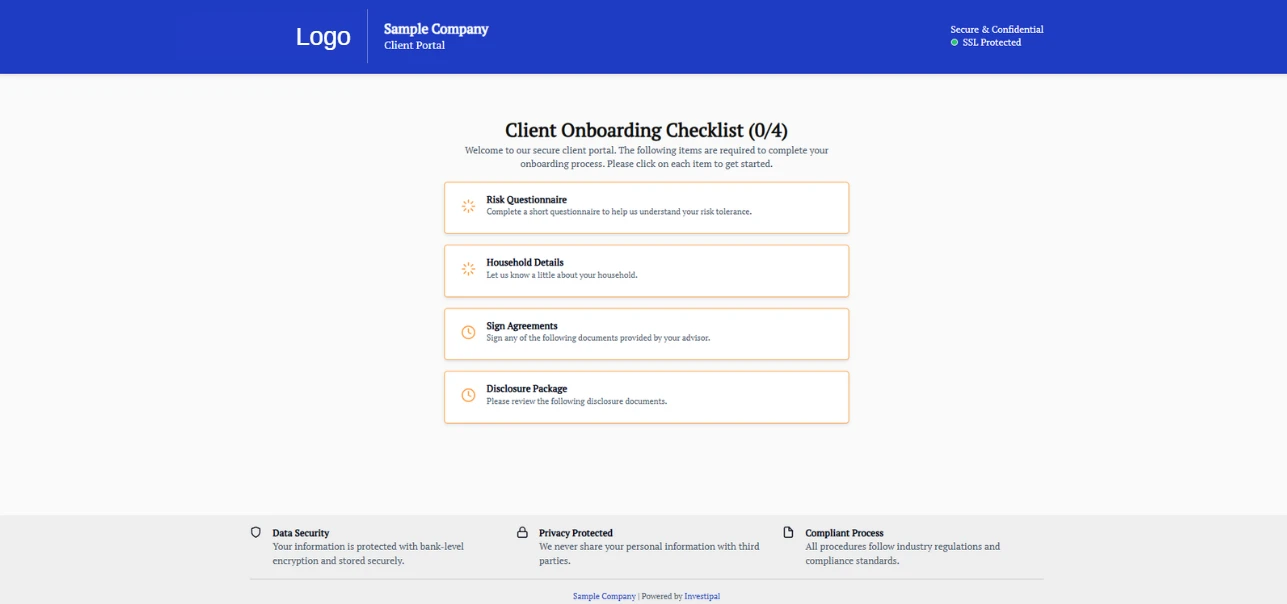 Investipal Client Onboarding - Digital forms, e-signature, and AML checks