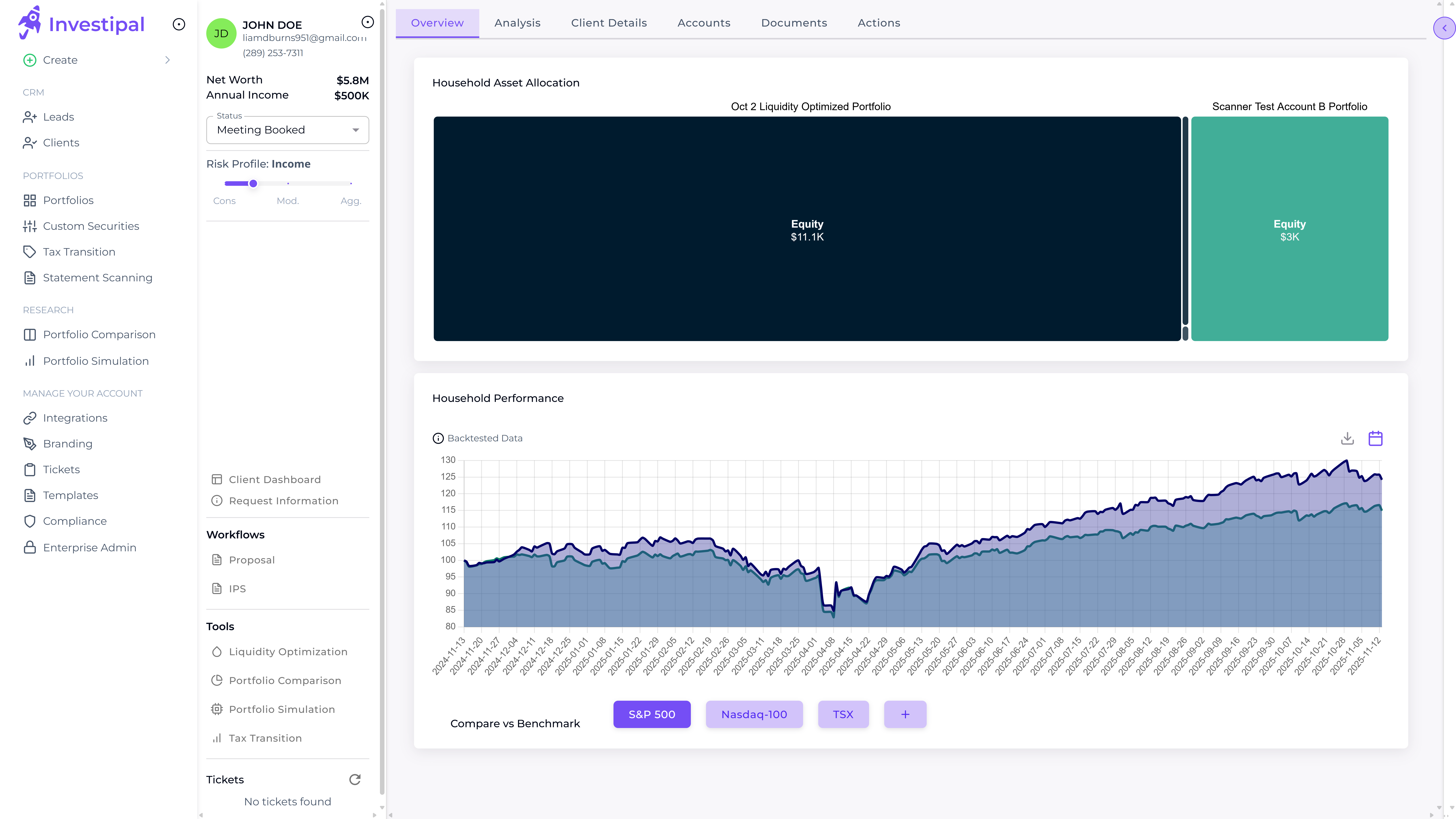 Client portfolio overview showing household asset allocation and performance tracking with benchmark comparisons