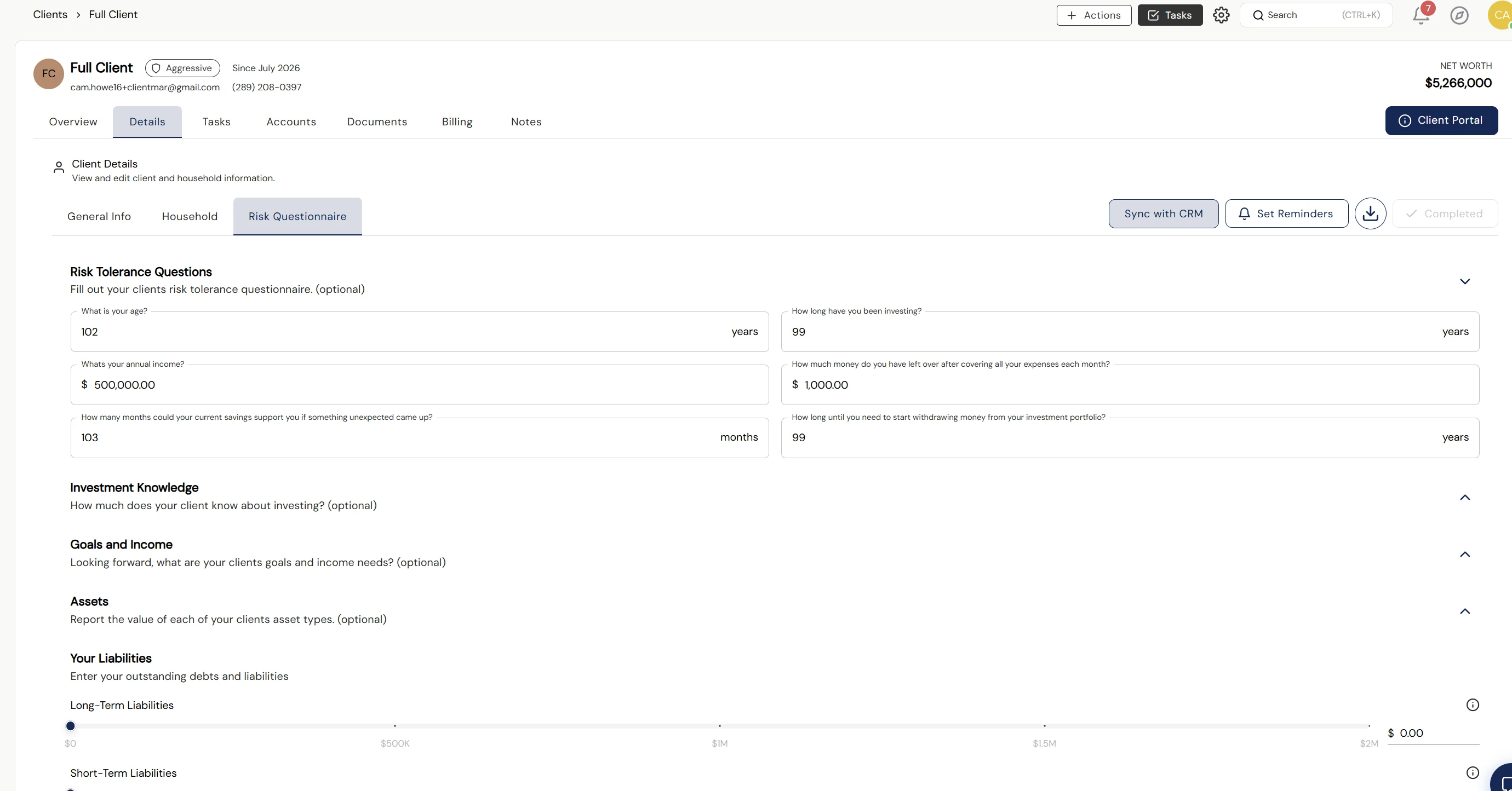 Investipal risk tolerance analysis showing client risk profile and portfolio alignment