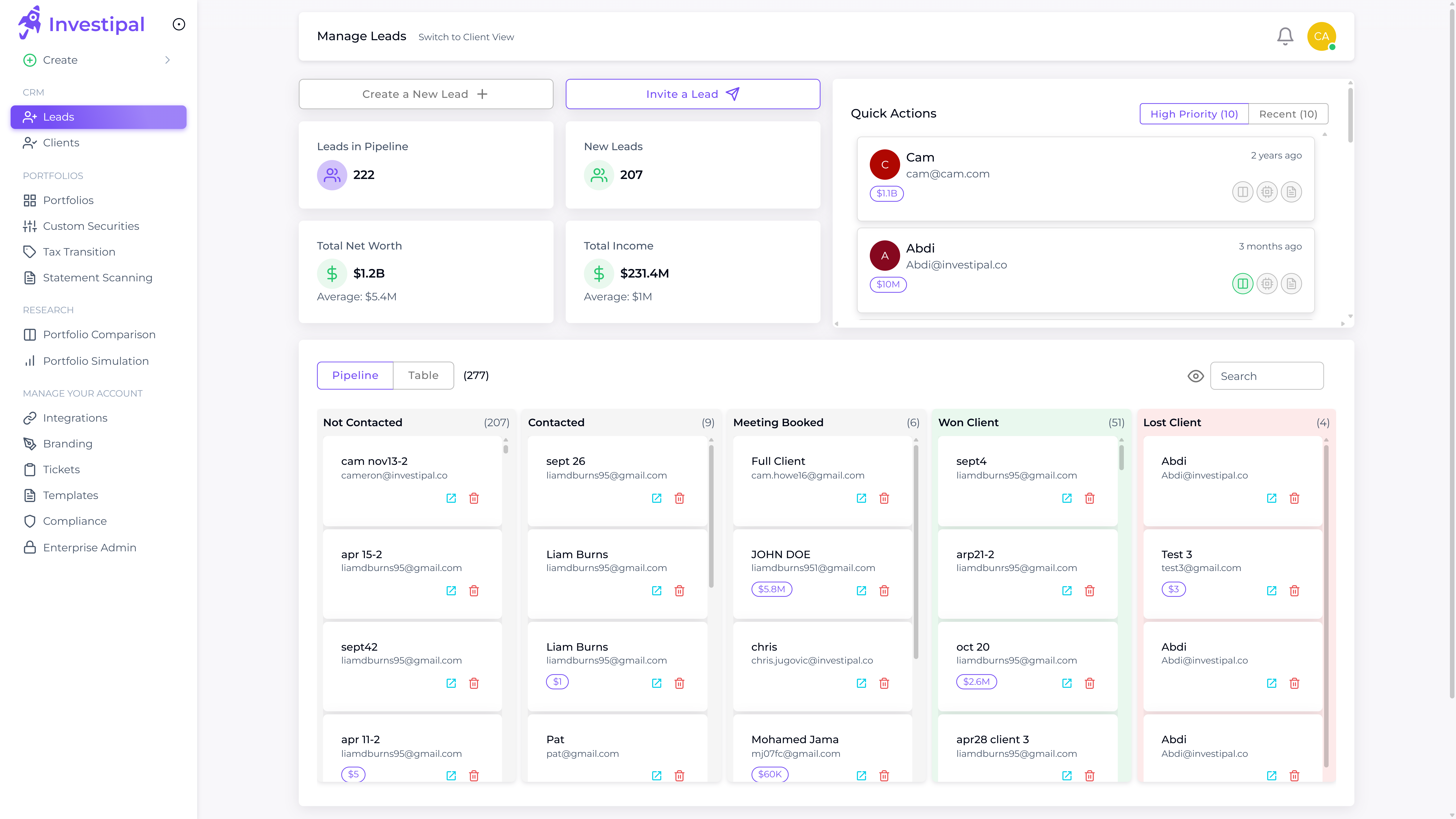 CRM leads pipeline showing prospect tracking and portfolio monitoring