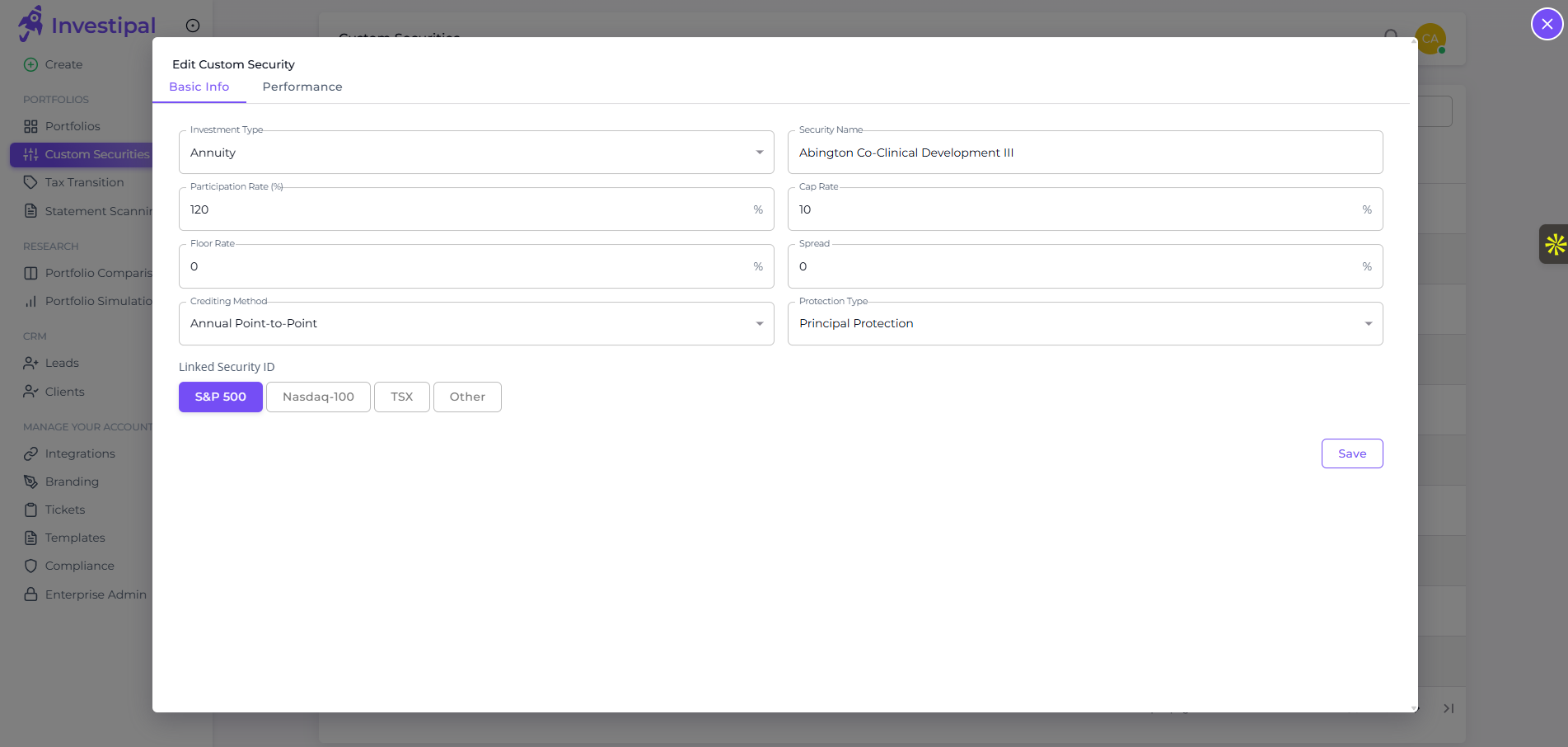 Investipal Custom Security Builder for alternative investments showing annuity configuration with participation rate, floor rate, crediting method, and protection type