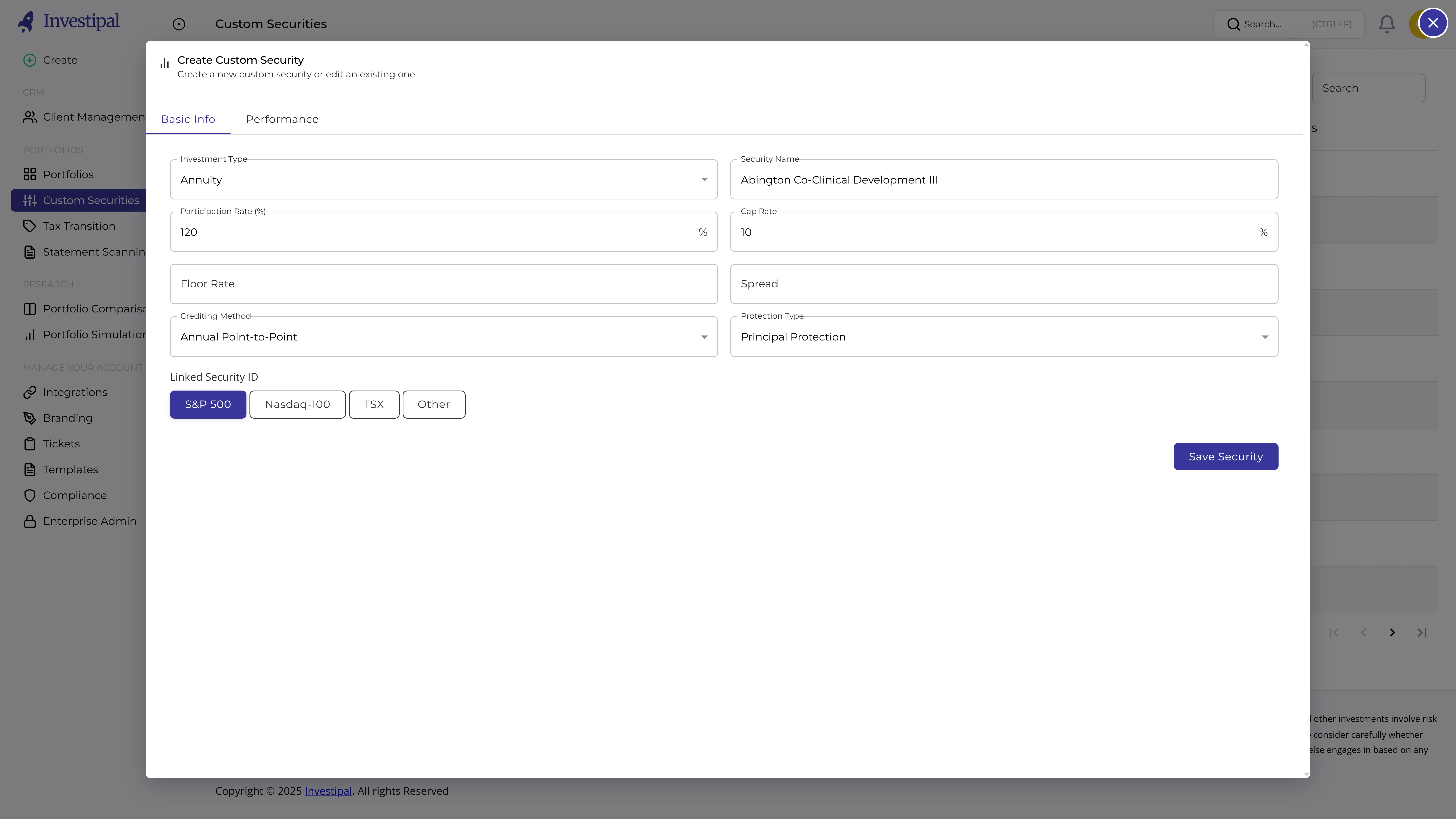 Investipal Custom Security Builder for alternative investments showing annuity configuration with participation rate, floor rate, crediting method, and protection type
