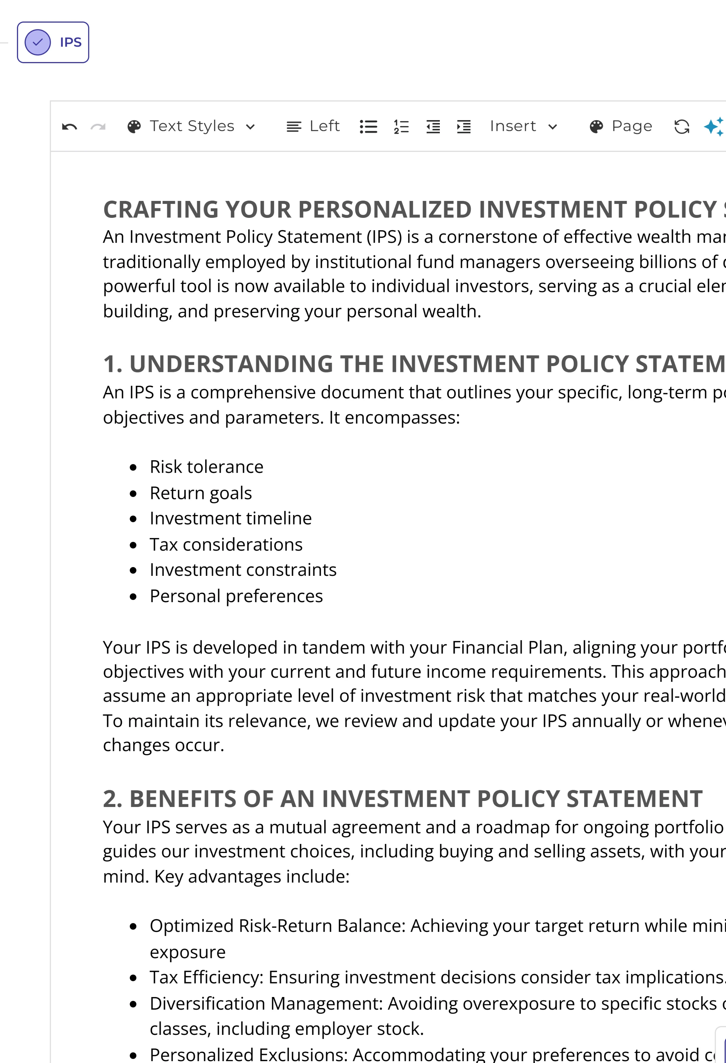 Investment policy statement generator interface