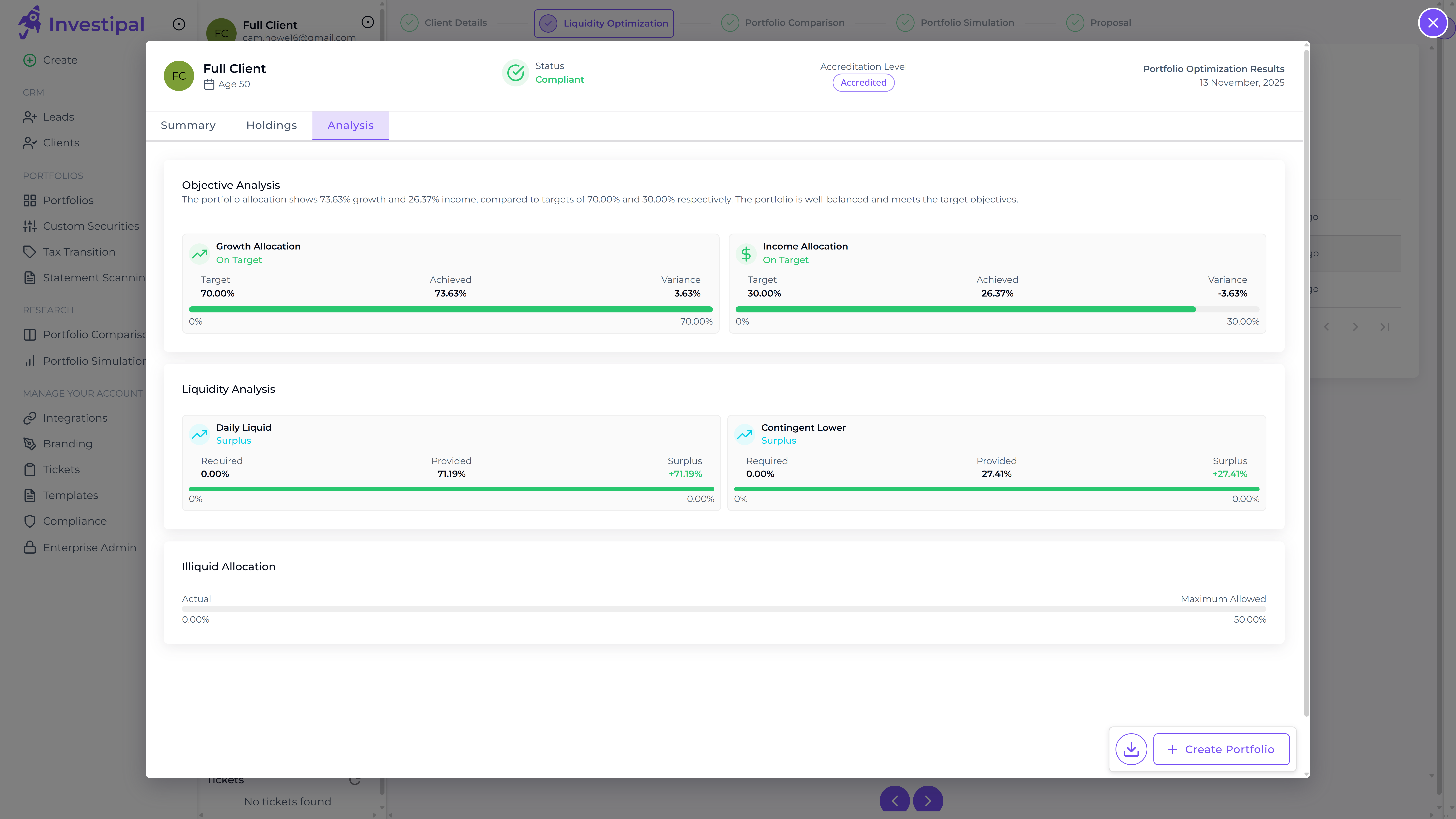 Goal-based portfolio construction analysis showing detailed breakdown and insights