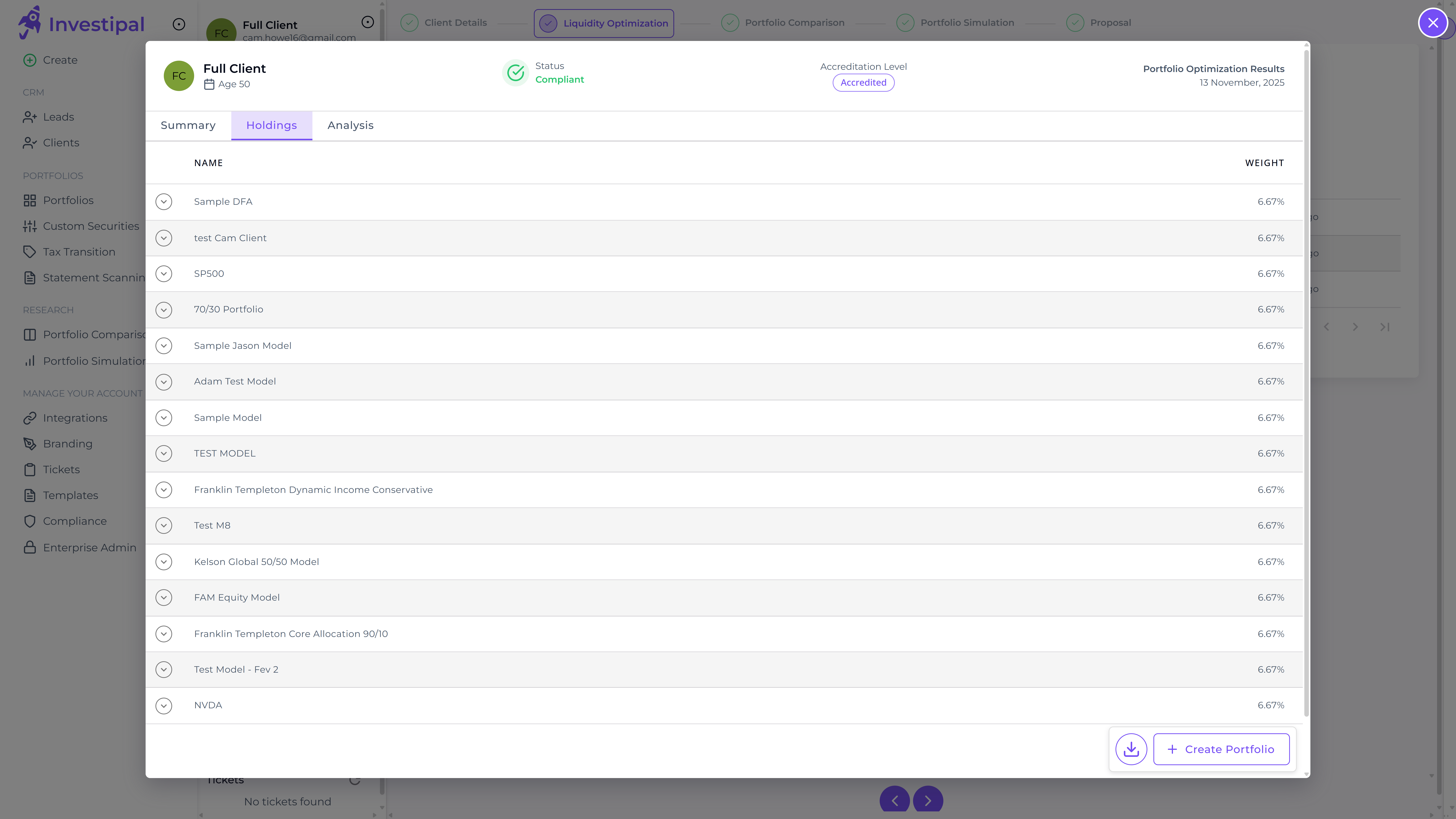 Complete holdings breakdown showing model portfolio allocations and weights