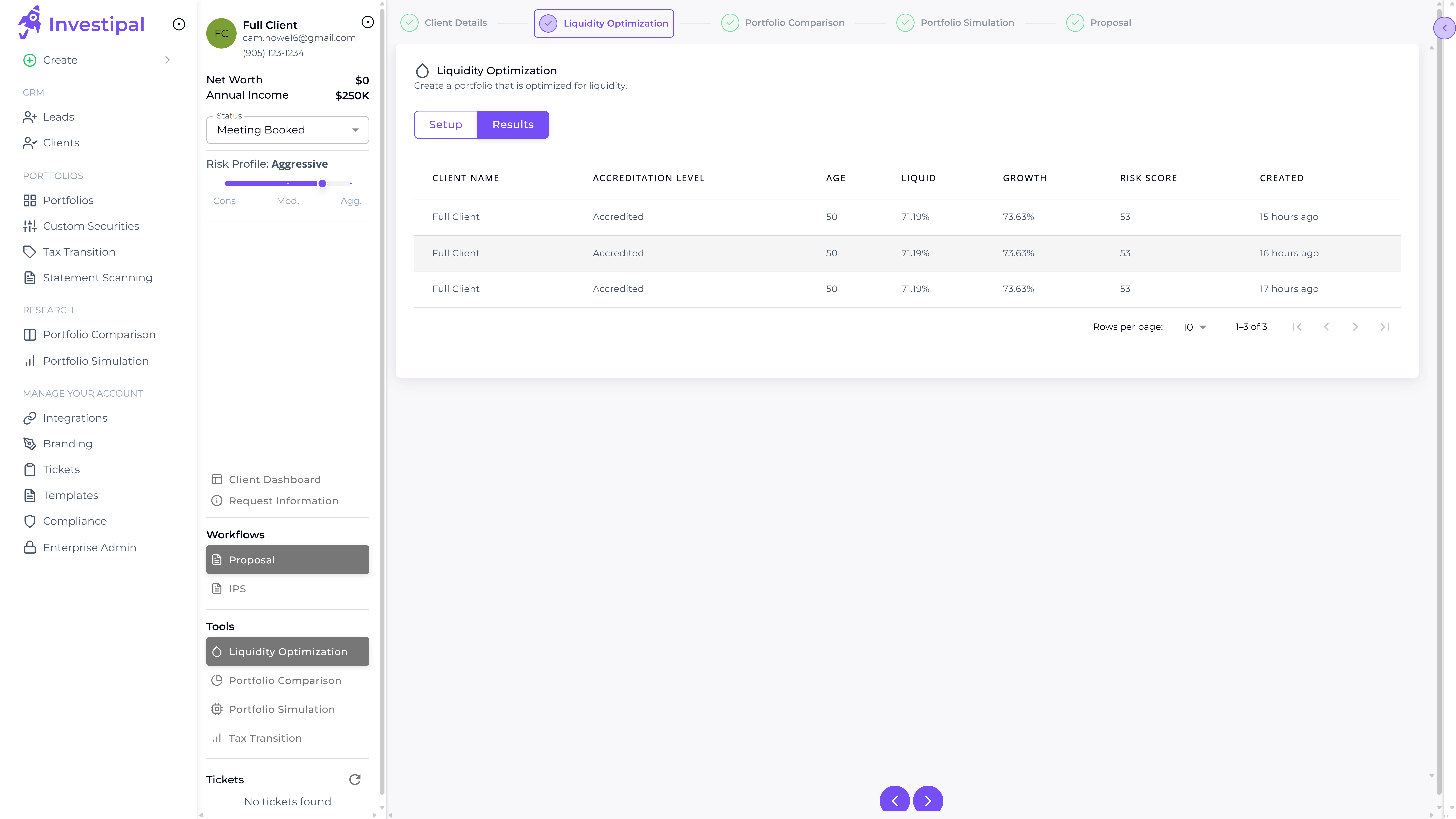 Liquidity optimization results list showing multiple client portfolios with risk scores and allocation percentages