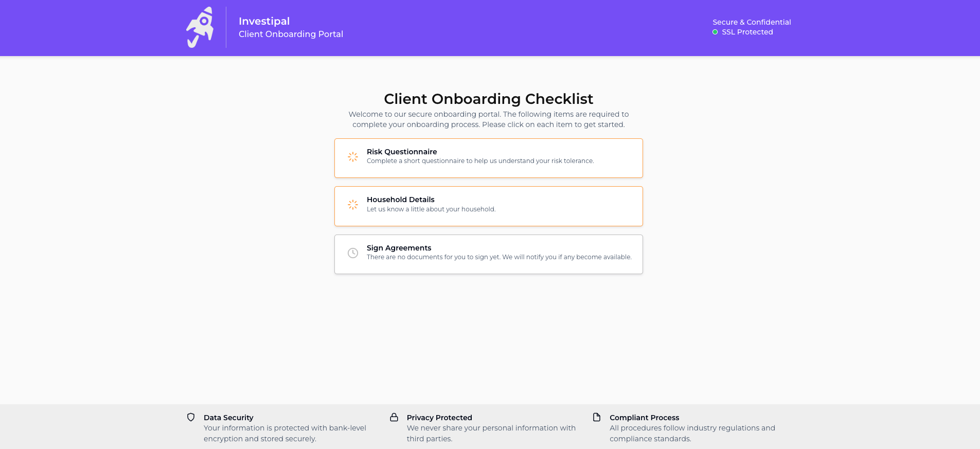 Investipal onboarding checklist screenshot