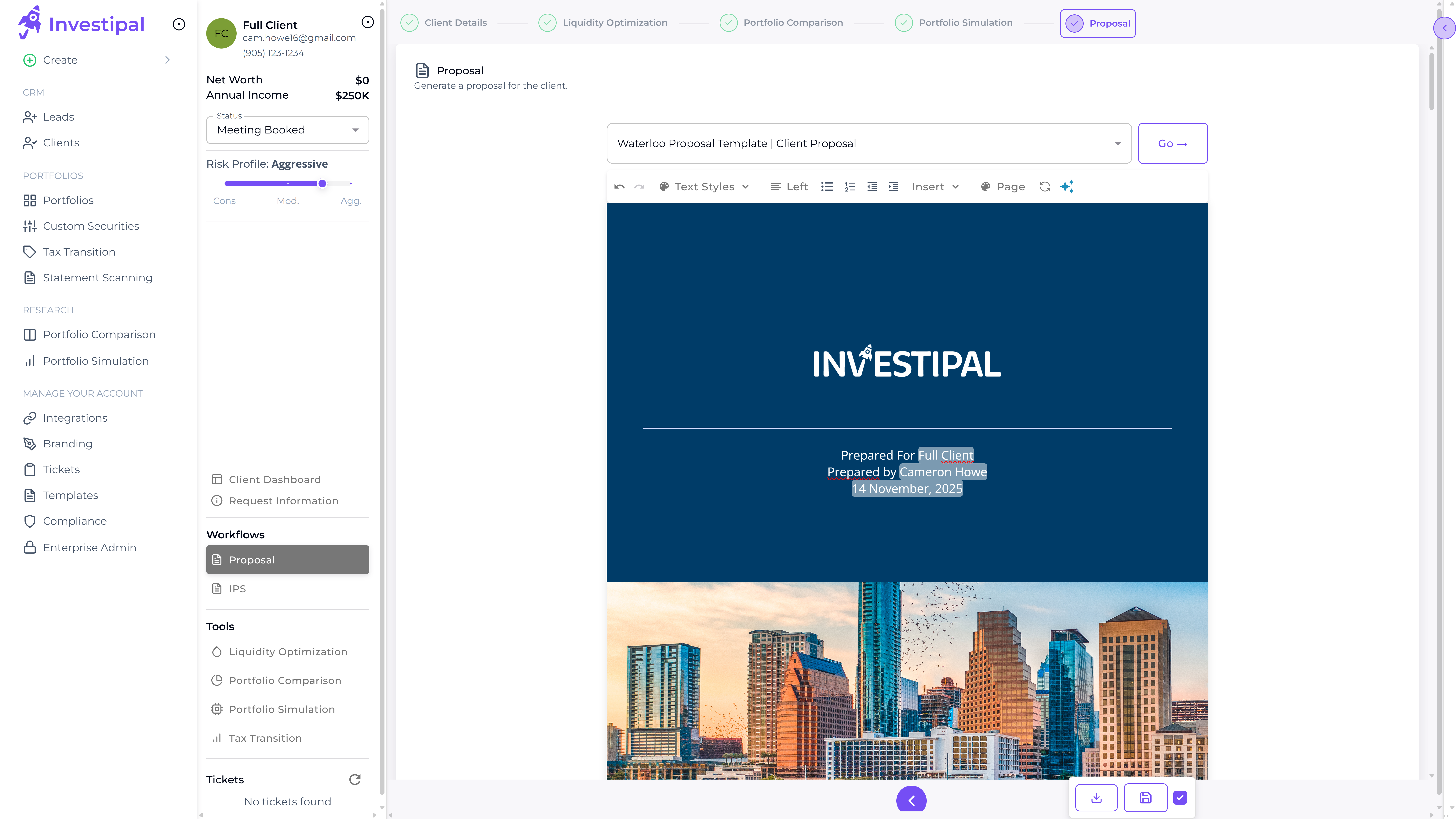 Professional investment proposal cover page with Investipal branding