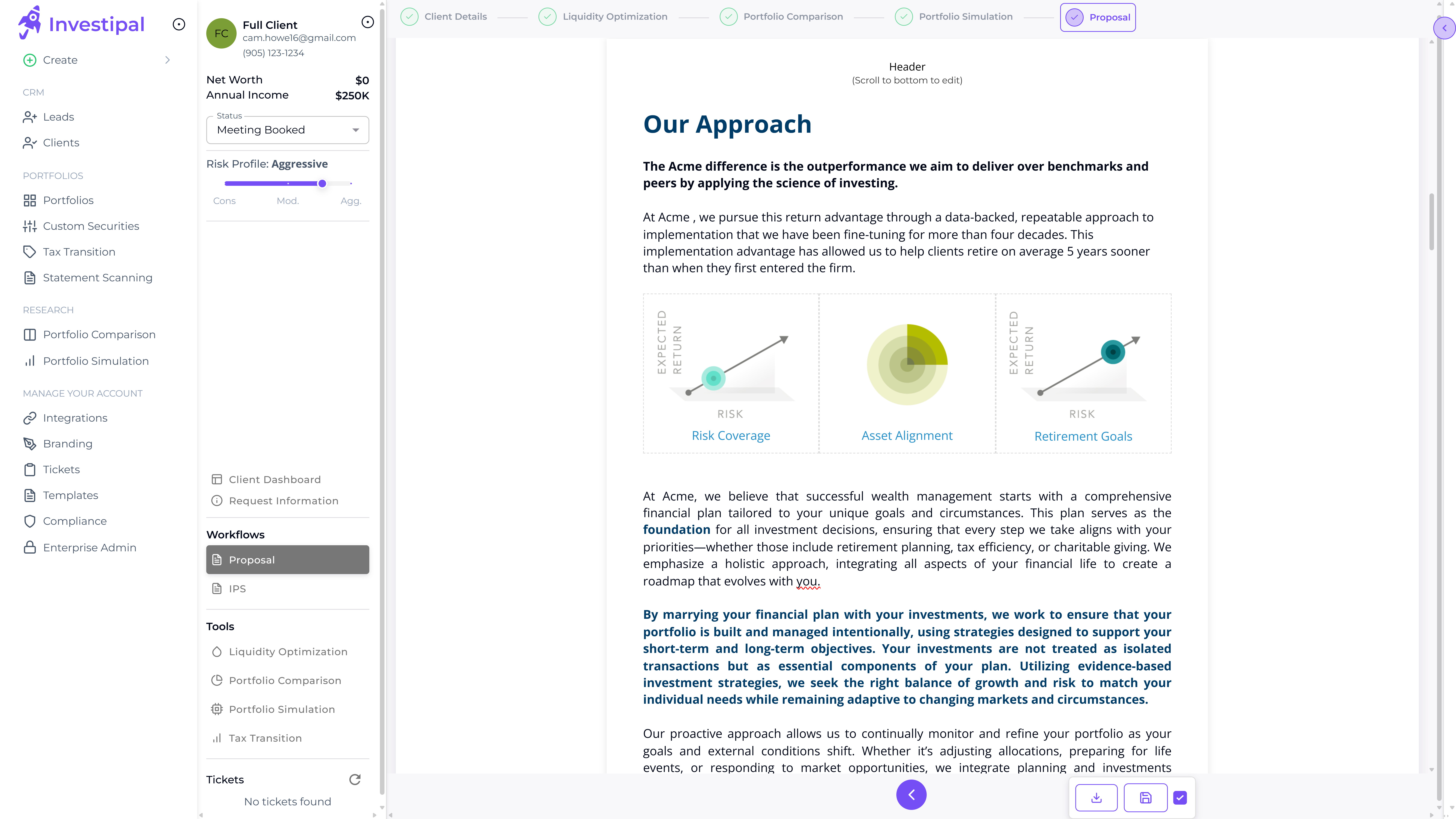 Proposal editor showing AI-generated content with portfolio analysis charts and customizable text sections