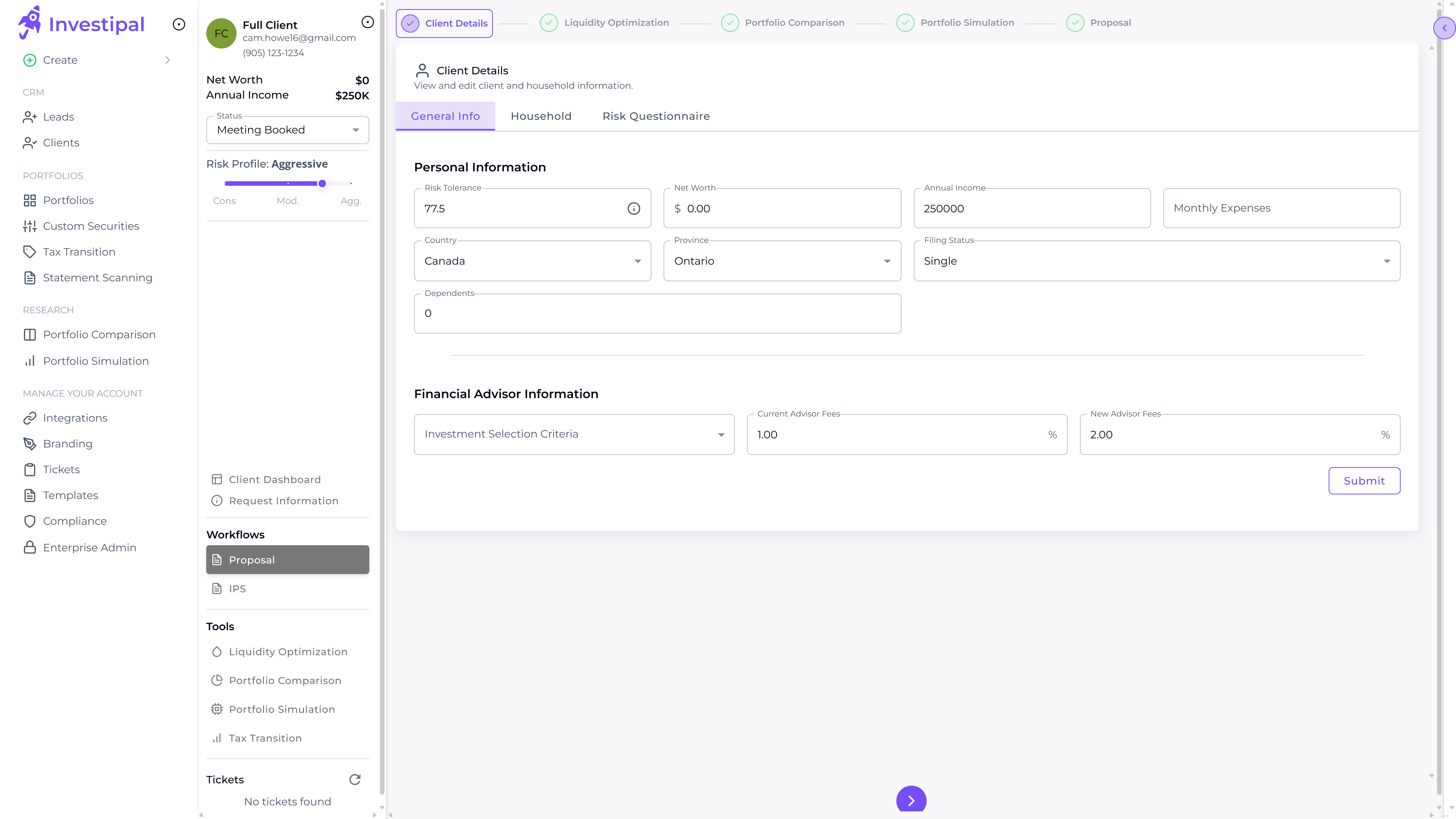 Investipal proposal workflow showing client details and portfolio analysis