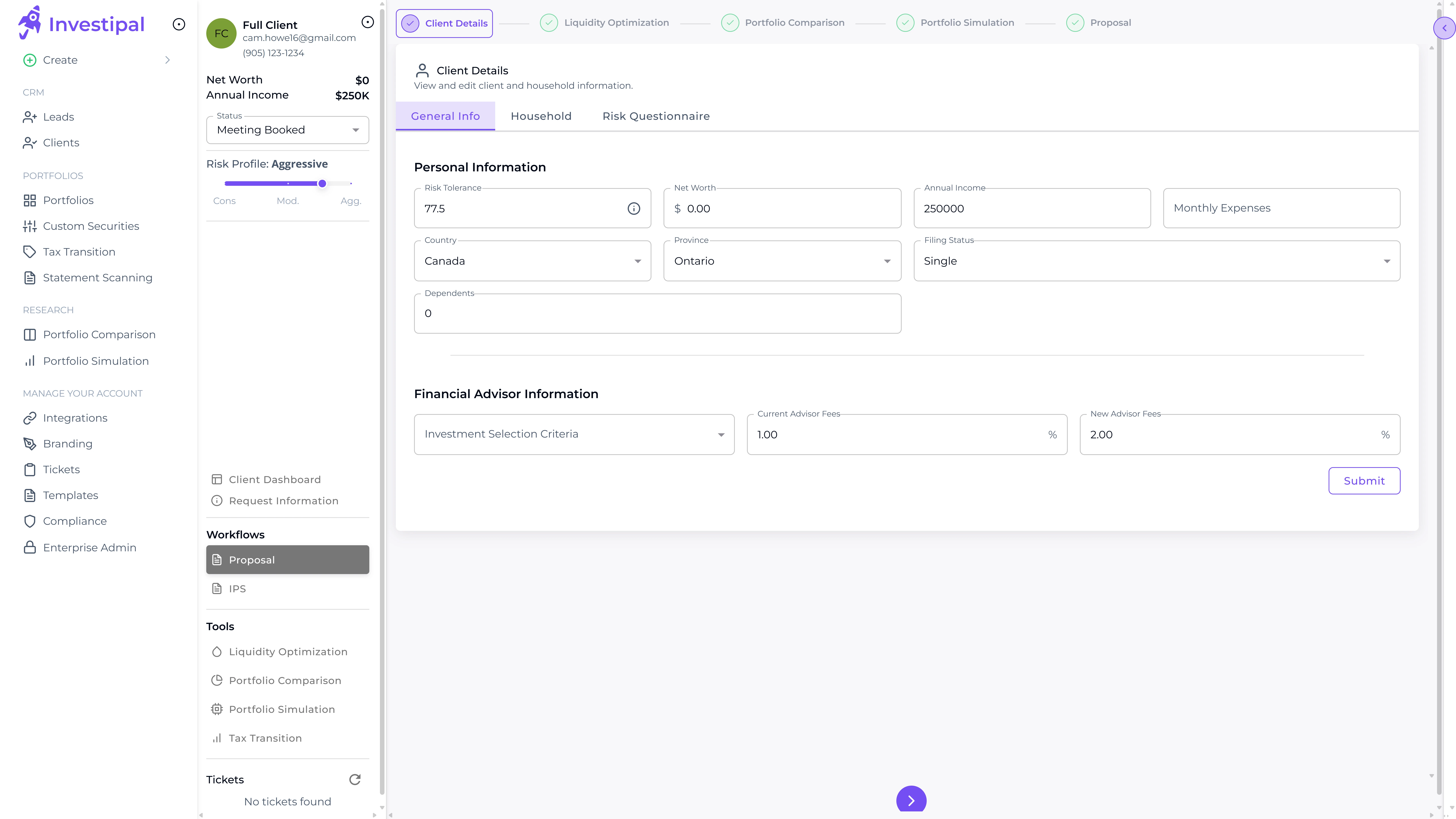 Investipal proposal workflow showing client details and portfolio analysis