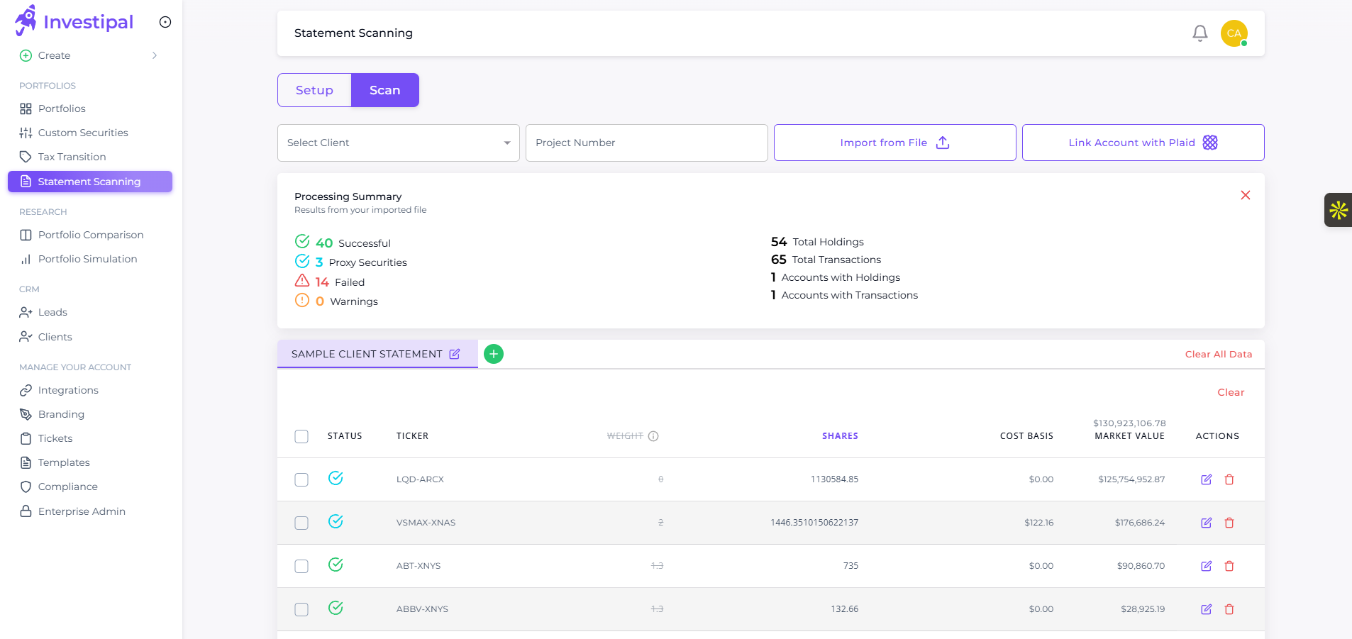 Investipal's statement scanner showing processing summary with 40 successful scans, detailed holdings table with tickers, shares, cost basis, and market value