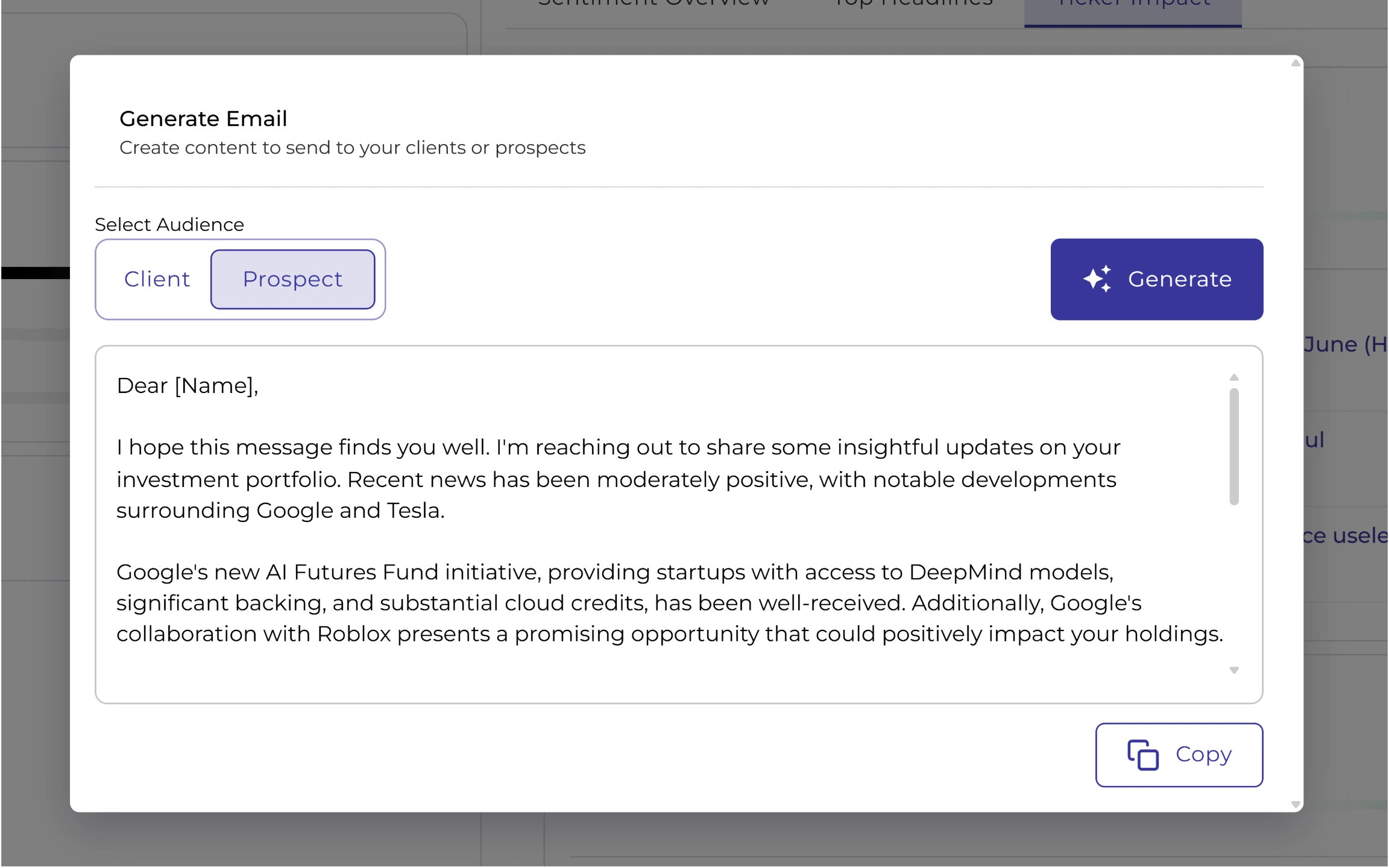 AI prospect monitoring showing portfolio performance alerts